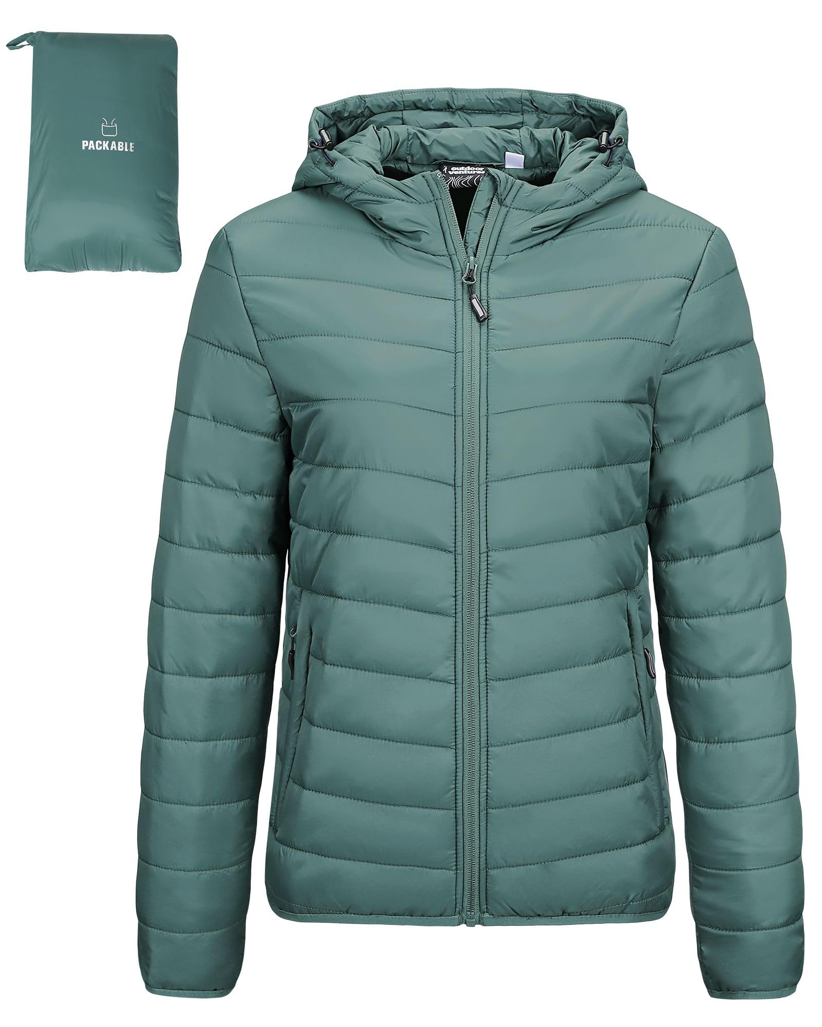 Outdoor Ventures Damen Steppjacke Leichte Packbare Übergangsjacke Warme Winterjacke mit Kapuze für Frauen Gefüttert Pufferjacke mit Taschen für Freizeit Wandern Reisen Achatgrün 3XL