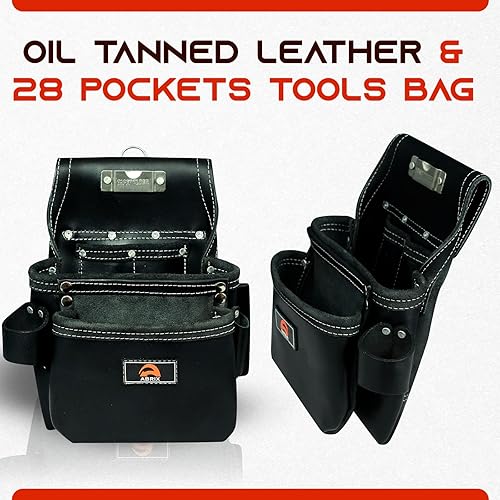 Miniatura 6 de ABRIX Premium Oil Tanned Leather Tool Belt PRO-280 Tool PouchHeavy Duty Leather Tool Belt Tool Bag 28 Pockets Tool Belt Pouch for Framer Carpenter