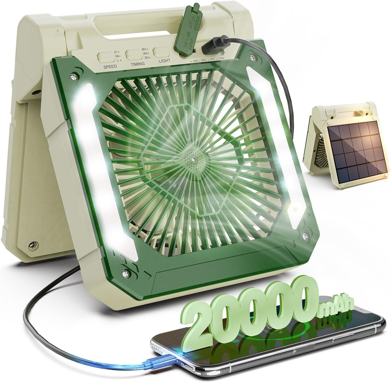 20000mAh Portable Fan Rechargeable with Solar Panel 2-in-1, 3 Speeds Cordless Battery Powered Fan with Led Lantern,Timer, Quiet USB-C Table Fan for Travel Tent Hurricane Office Home Bedroom (Beige)