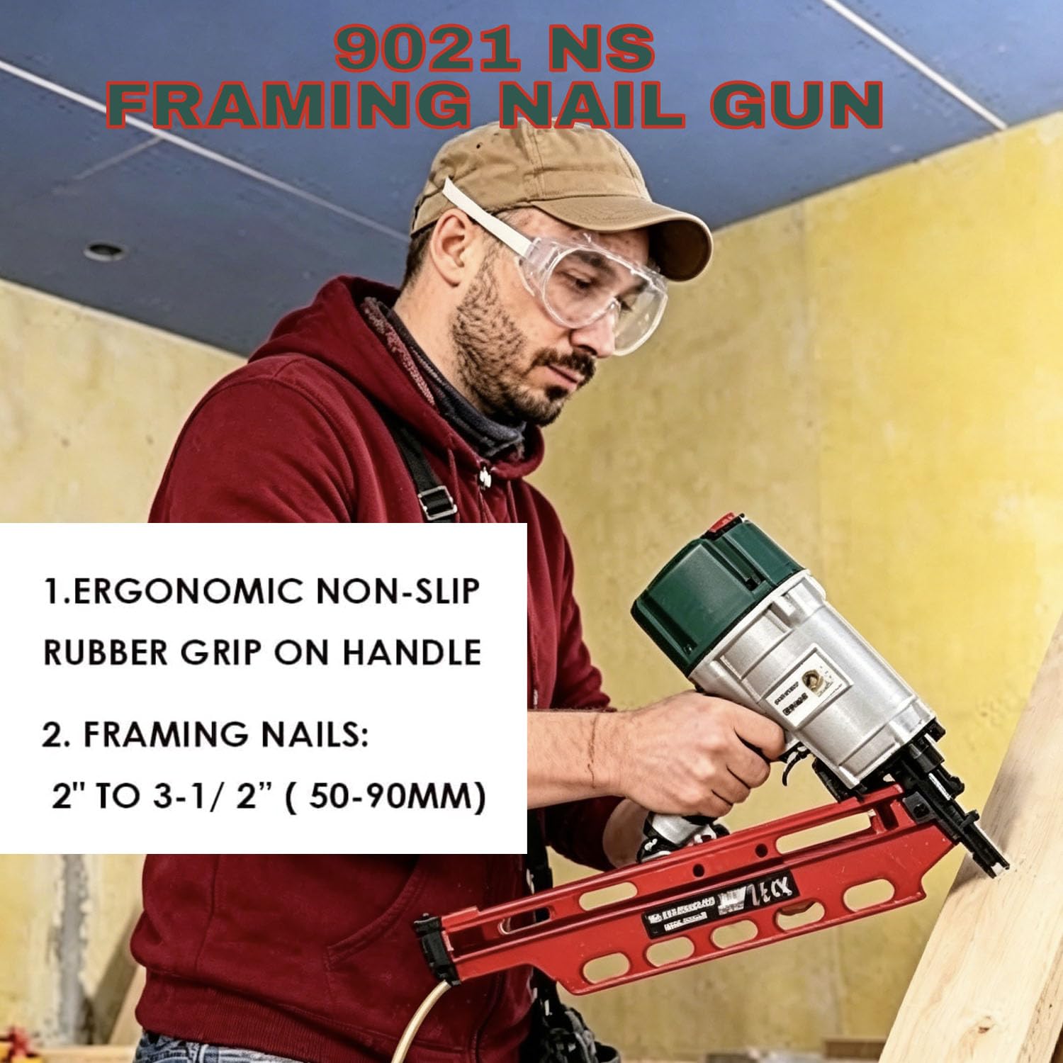 Clavadora de encuadre, estilo mexicano 9021NS, pistola de clavos de encuadre, 21 grados 3-1/2 pulgadas con ajuste de profundidad, pistola de clavos de aire profesional