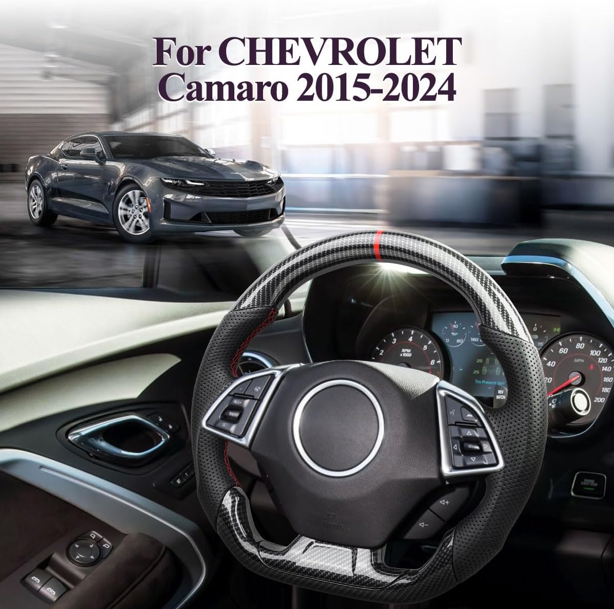 Steering Wheel for Camaro 2015-2024 Hydro Dip Carbon Fiber Steering Wheel with D-shaped Flat-bottom Perforated Leather Grip Hand-Stitched Compatible with Camaro