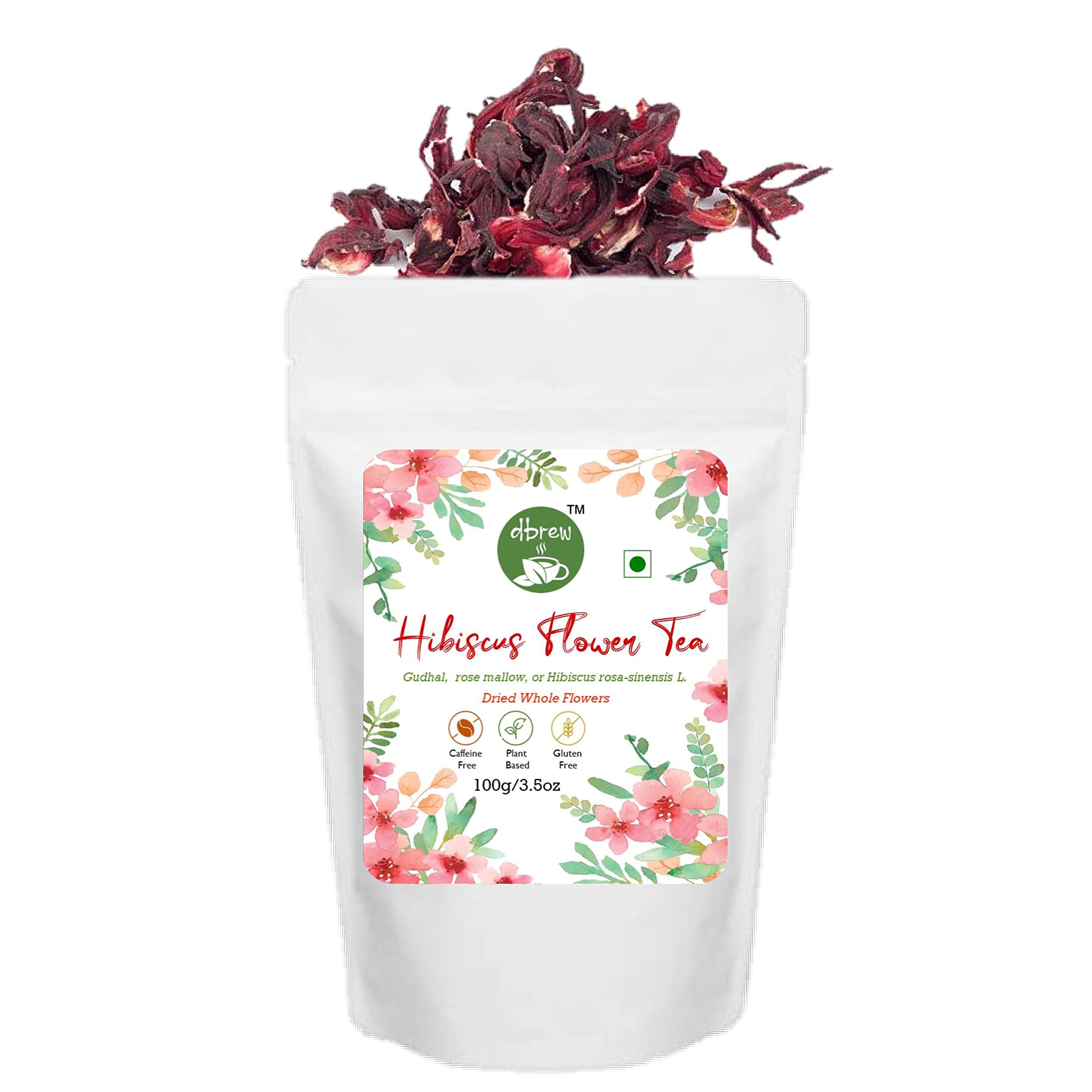 dbrew Hibiscus Whole Flower Tea - 100gm | Plant Based - Caffeine Free Tea | Herbal Tea Combo Benefit of lower Blood Sugar & Immunity Booster | Tisane
