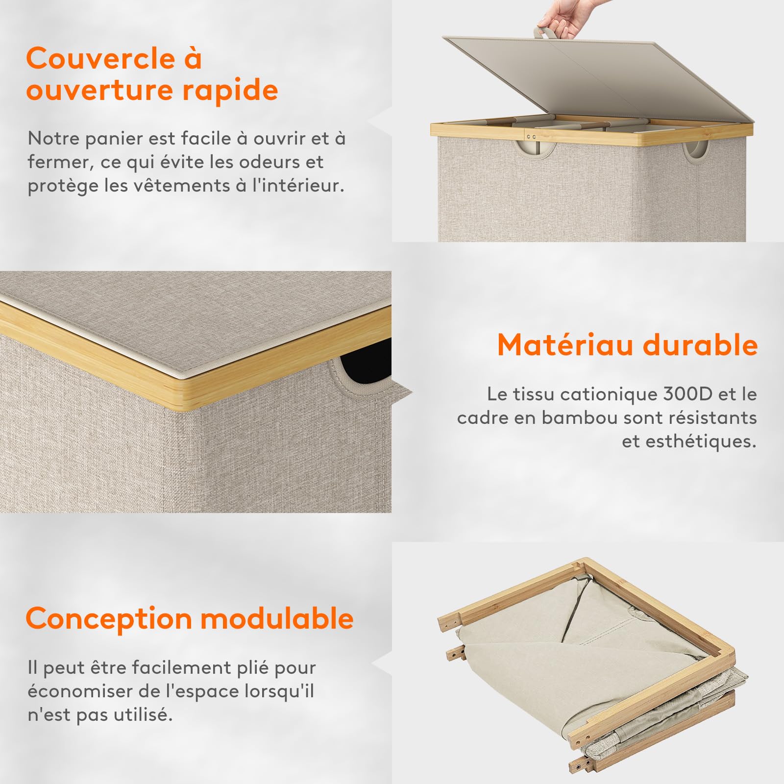 Lifewit Panier a Linge en Bambou, Corbeille a Linge Pliable avec Couvercle, Grand Bac a Linge avec Sacs Amovibles pour Chambre, Salle de Bain, Buanderie, 160 L, Beige