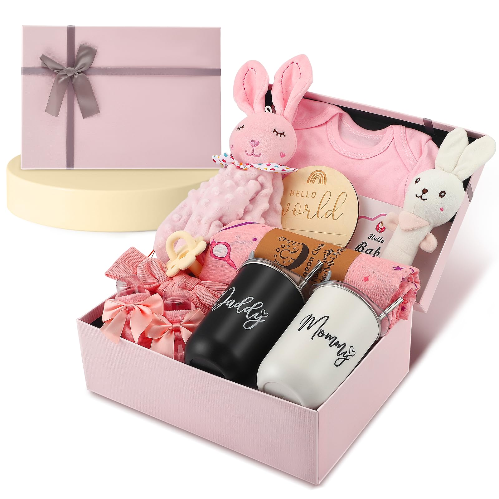 Regalo para recién nacidos, juego de regalo 12 en 1 para recién nacidos, con babero, manta, babero, calcetines, pañuelo triangular y Rattle, regalos para nacimiento para niños y niñas (rosa)