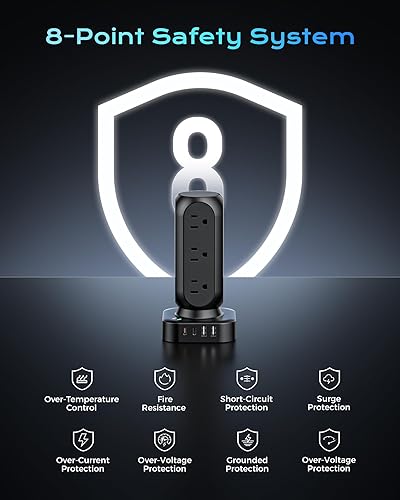 Miniatura 6 de Torre de regleta de alimentación dual PD de 20 W, regleta de alimentación con 12 salidas de CA y 8 puertos USB (4 USB C), estación de carga rápida