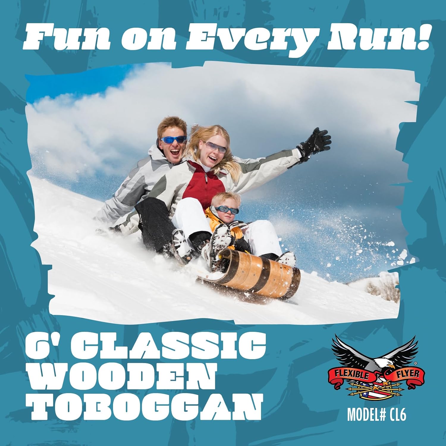 Flexible Flyer 6 Foot Classic Wood Toboggan Sled for 1 to 3 Riders (Walnut) - Long Snow Sled for Adults & Kids Ages 5 and Up with Runner Handles and Pull Rope Included