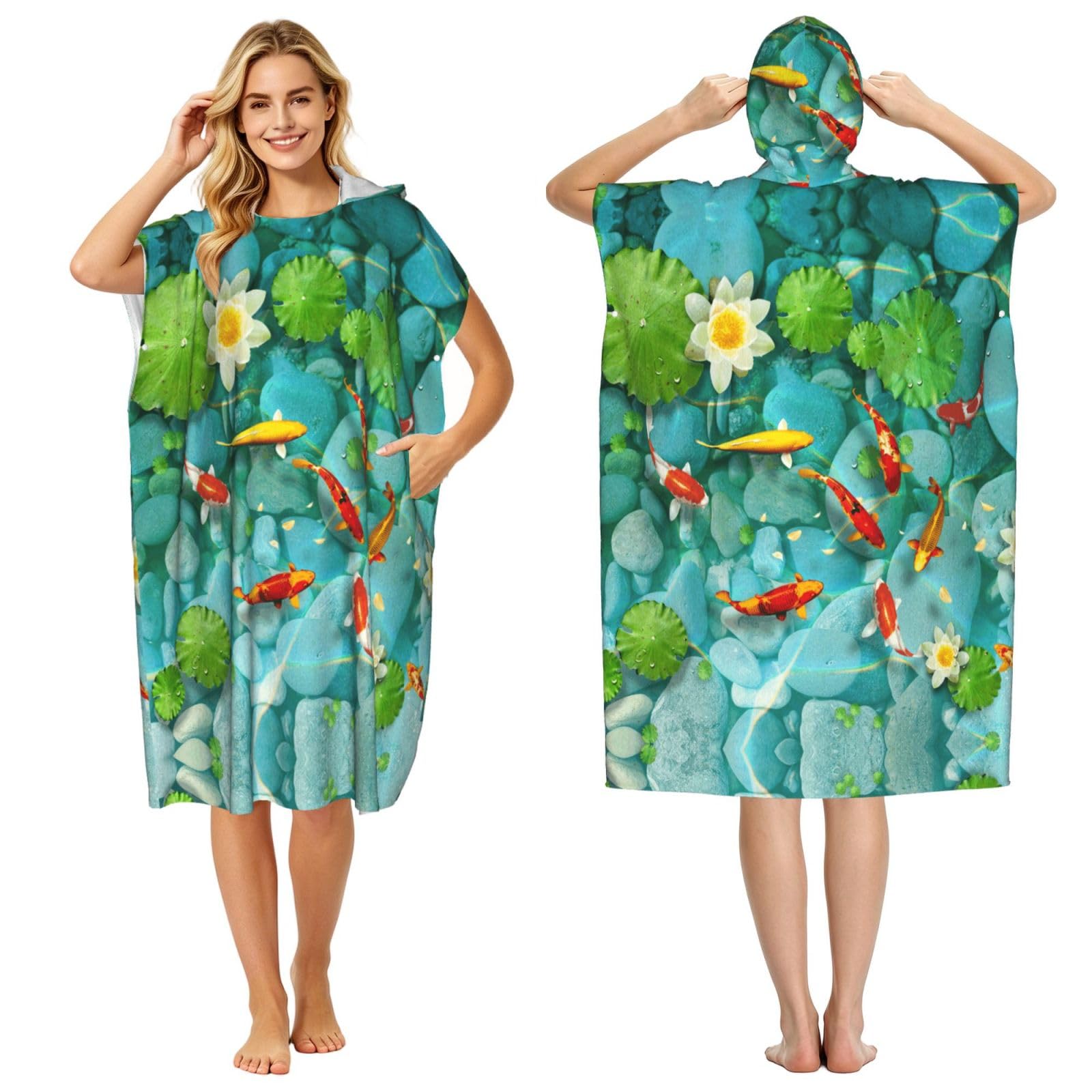 Poncho japonais de surf et bain en microfibre imprimé carpe rouge pour adulte
