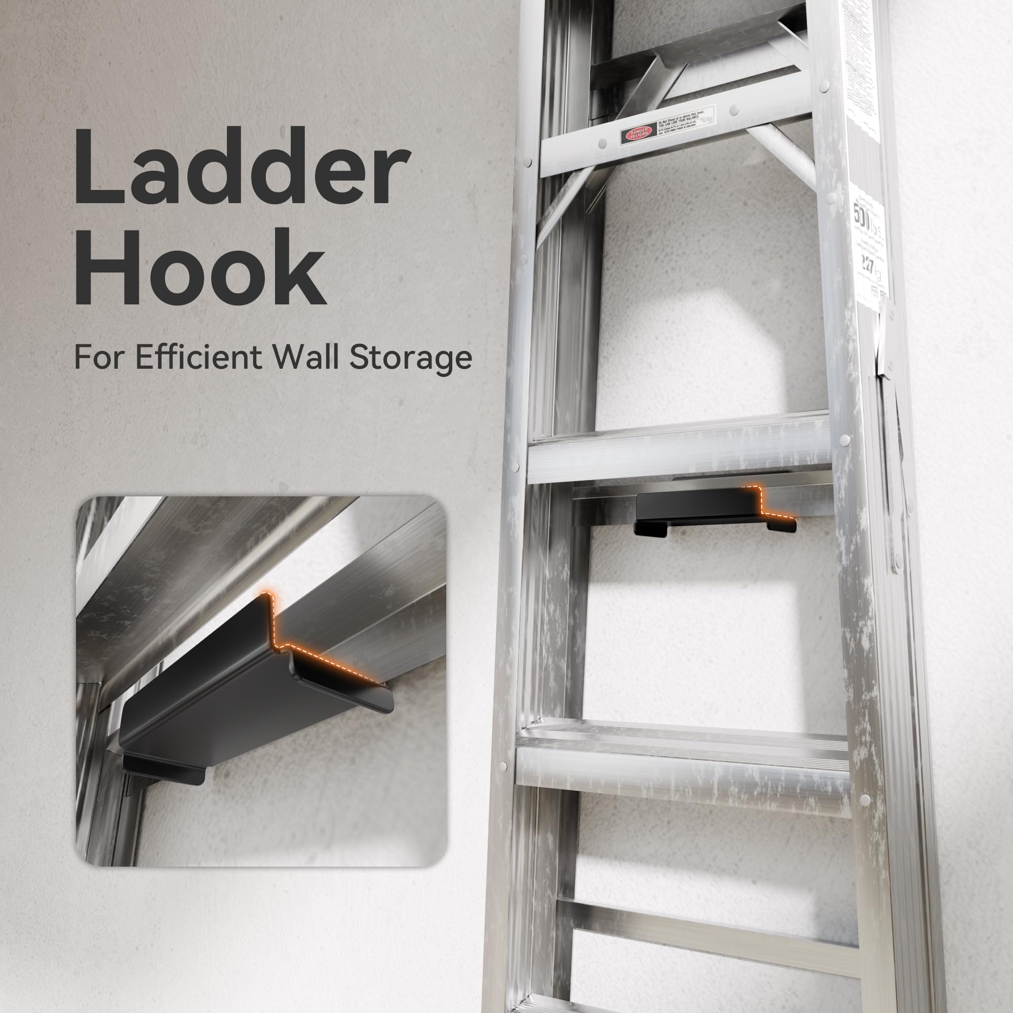 niffgaff Ladder Hooks for Garage Wall, 2 Pack Heavy Duty Wall Mount Storage Hanger for Ladders, Chairs & Patio Furniture, Fits Step & Extension Ladders, Garage Organization - 2