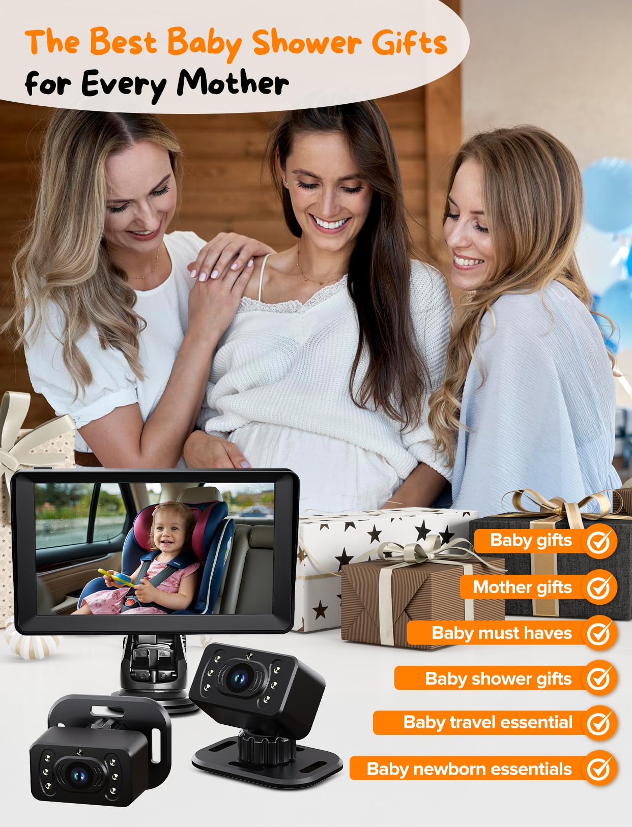Cámara de coche de bebé para 2 niños, monitor de bebé de pantalla dividida de 7 pulgadas con cámara dual | Amplia visión de 150° y rotación de 360°, visión nocturna fácil de instalar, espejo retrovisor para coche de bebé