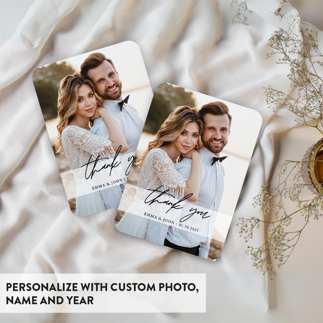 Andaz Press Personalized 5x7 Inch Photo Wedding Thank You Cards with Envelopes, Modern Wedding Thank You Card with Message, Custom Photo, Name, and Date, Thank You Notes, Bulk 24-Pack
