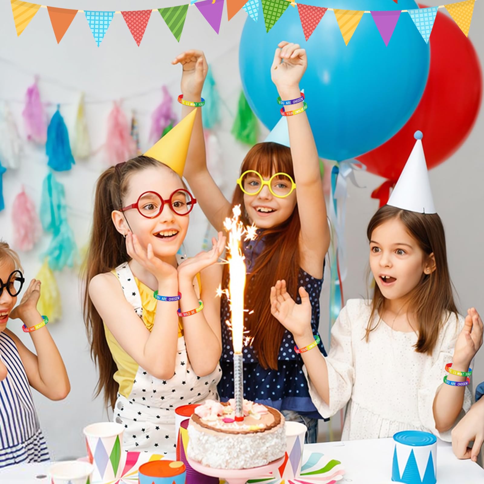 JUNEBRUSHS 42pcs Motivational Silicone Bracelets Rainbow Colors Inspirational Accessories Wristbands for Kids Teens Teacher Classroom Home Office Party Favor Gifts Supplies (14 Designs)