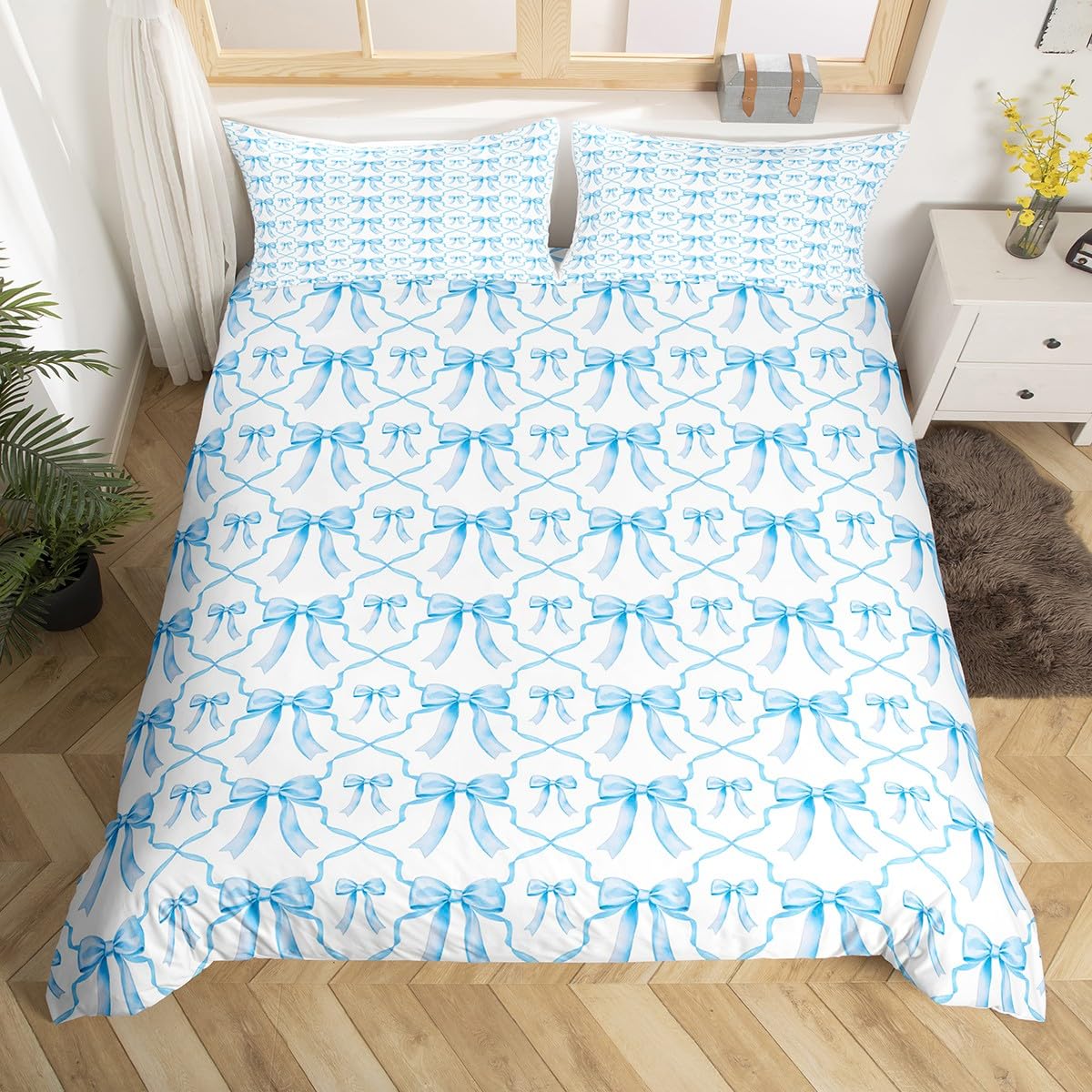Homewish Blue White Bow Duvet Cover Cute Bowknot Single Bedding Set 2 Piece for Kids Boys Girls,Watercolor Ribbon Bow Tie Quilt Cover Geometric Grids Bow Bed Set 1 Pillow Case โ image 1