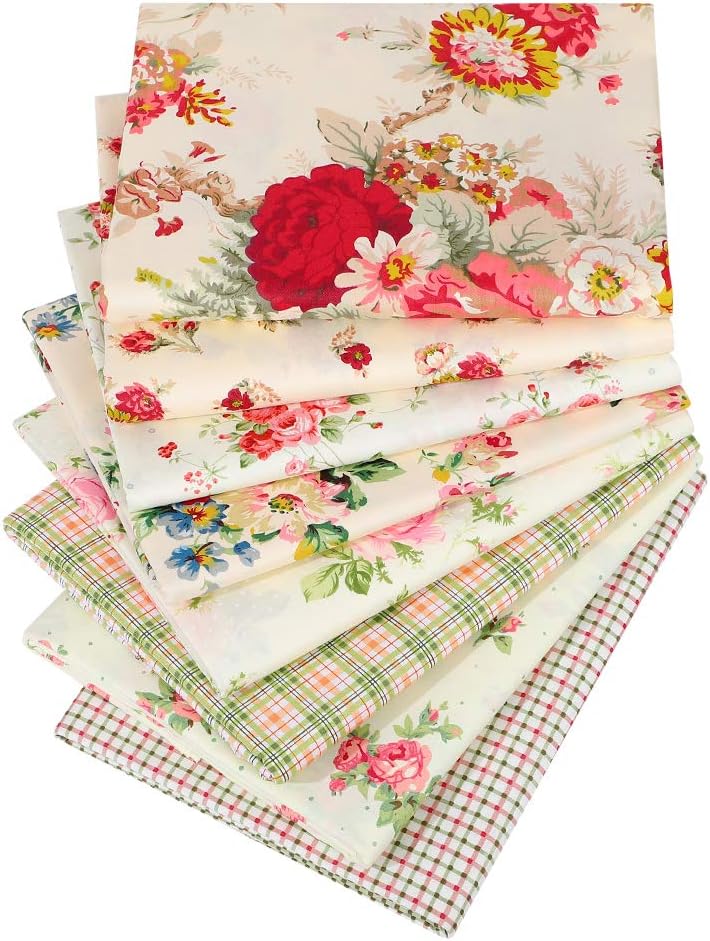 Hanjunzhao Vintage Rose Floral Plaid Fat Quarters Fabric Bundles for Quilting Sewing Crafting,18 x 22 inches