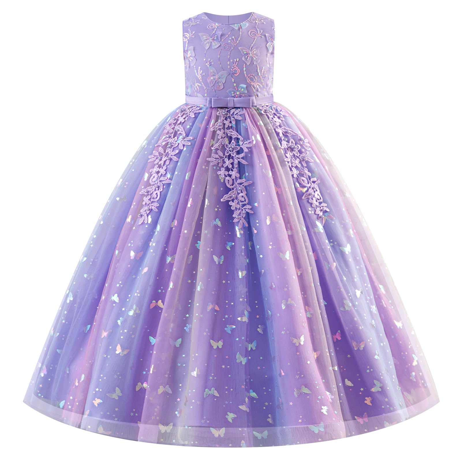 Odizli Blumenmädchenkleider Ärmellos Pailletten Schmetterling Prinzessin A-Linie Tüllkleid Hochzeit Lang Ballkleid