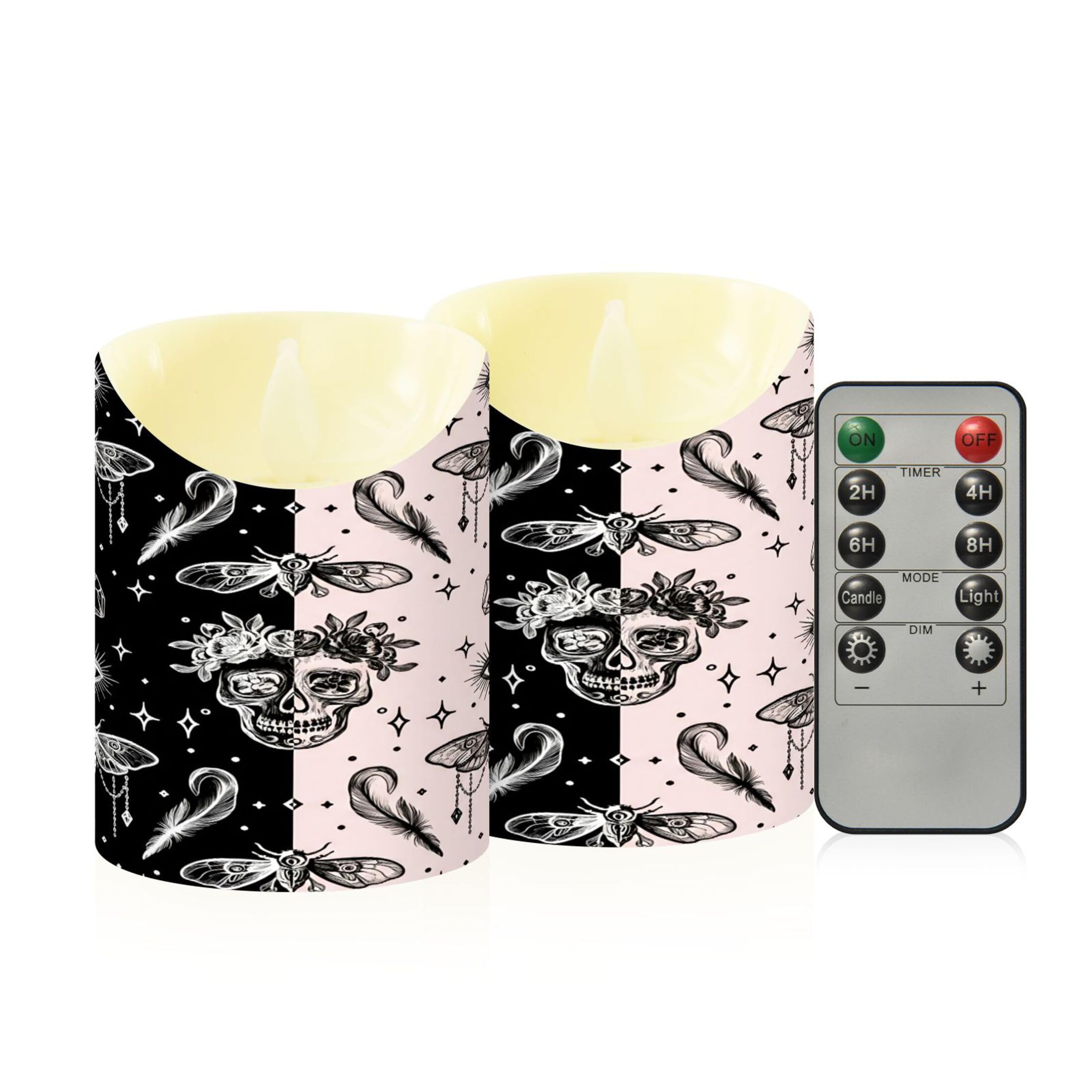 Kutsu Pink Skull Black Flameless Candles Set of 2, Battery Operated LED Flickering Candles with Remote and Timer, Plastic Pillar Candles for Home Wedding Decor