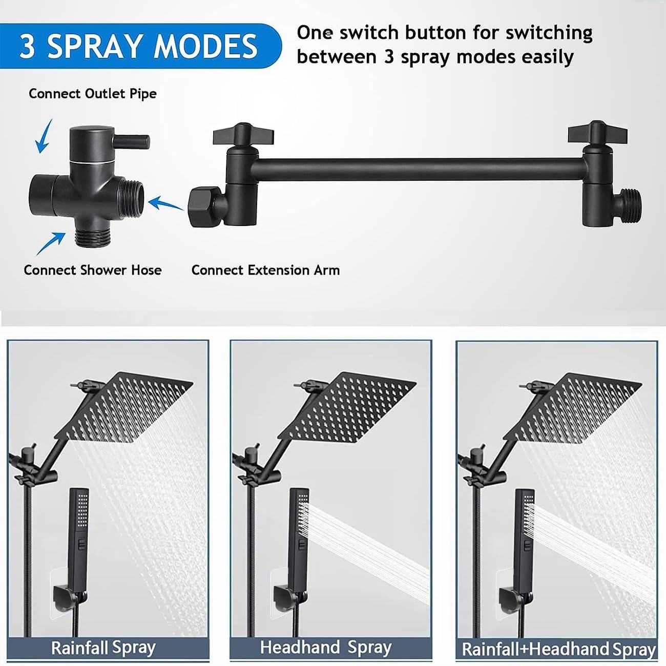 Rainfall Shower Head with Handheld Combo, Rain Shower Head with Handheld Spray 180° Adjustable with Extension Arm, 10 Inch&3 Spray Modes, Rain Shower Head Black - Easy To Install