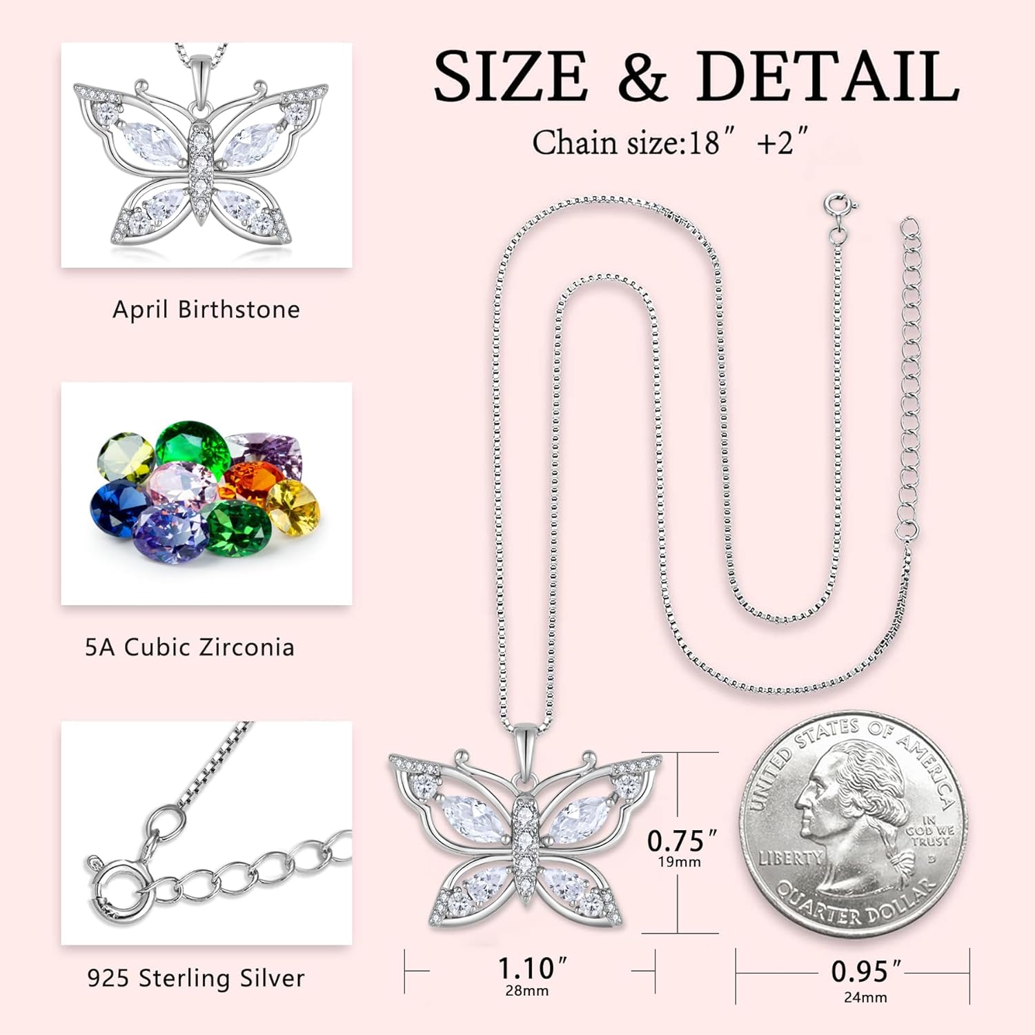 Women's Butterfly Birthstone Pendant Necklace 925 Sterling Silver 5A Cubic Zirconia Jewelry for Mother's Day Valentine Birthday Gifts for Her - Image 5