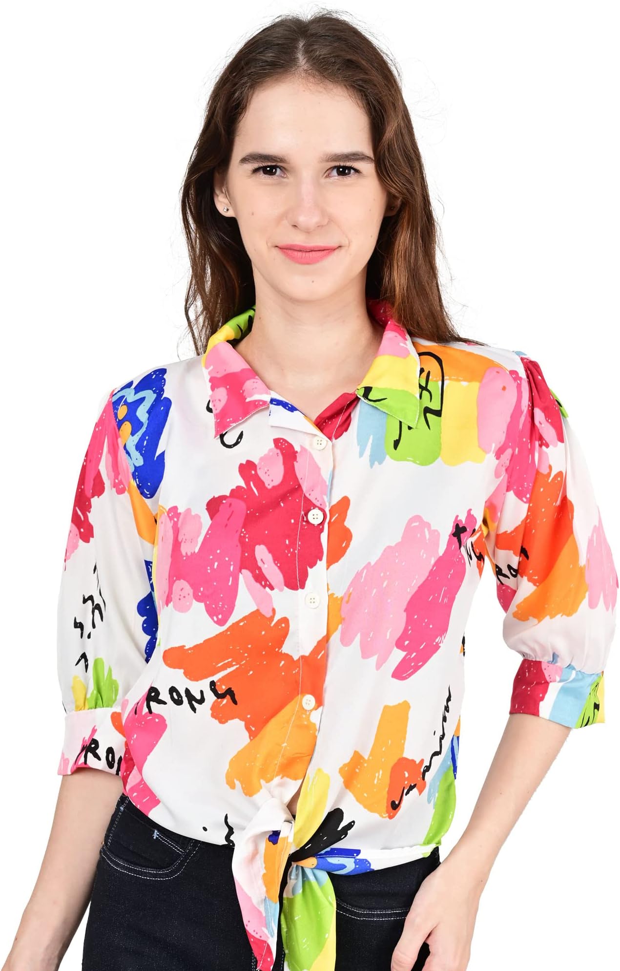Women Poly Crap 3/4 Sleeve Printed Crop top