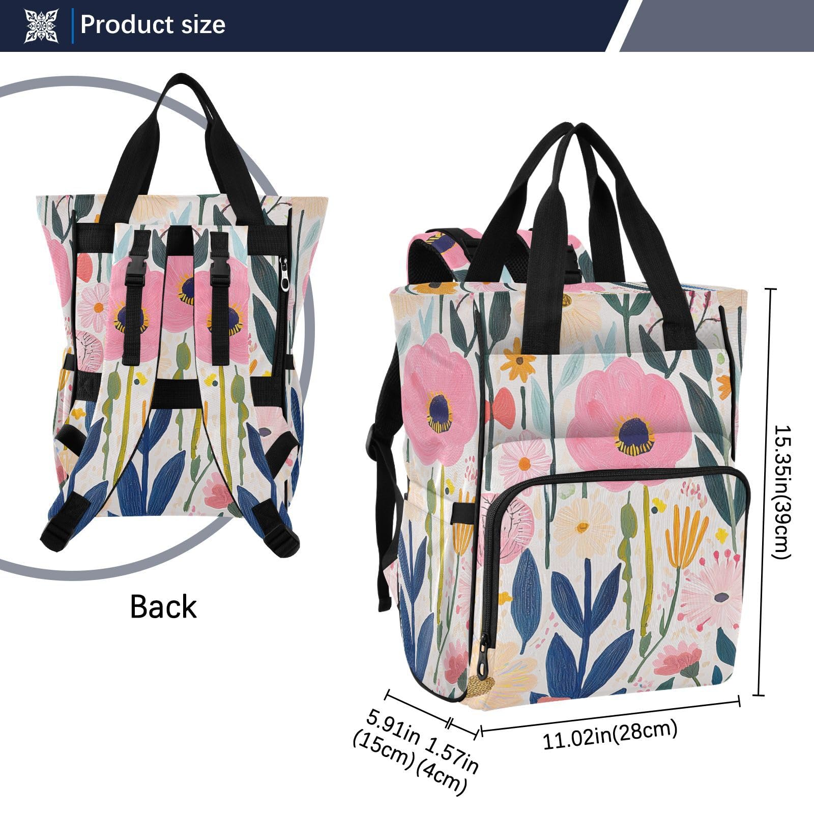 Mochila para pañales para mamás y papás, diseño floral, color claro