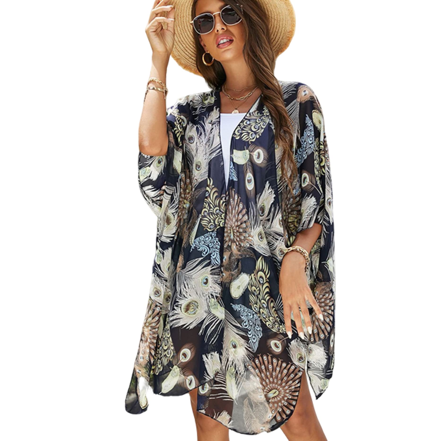 Rachlicy Kimono Rúnes para Mujeres con Estampado Floral Cardigan Playa Traje de baño Traje de baño Bikini Sarong Shawl Frente Abierto Traje de baño Suelto para niñas Verano