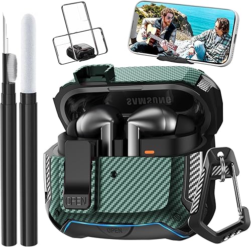 Compatible with Samsung Galaxy Buds 3 Pro Case/Bud3 Cover Lock Clip with Phone Stand for Men, Military Shell Galaxy Buds Pro 3/ Bud 3 Protective Armor Skin with with Cleaner Kit & Carabiner