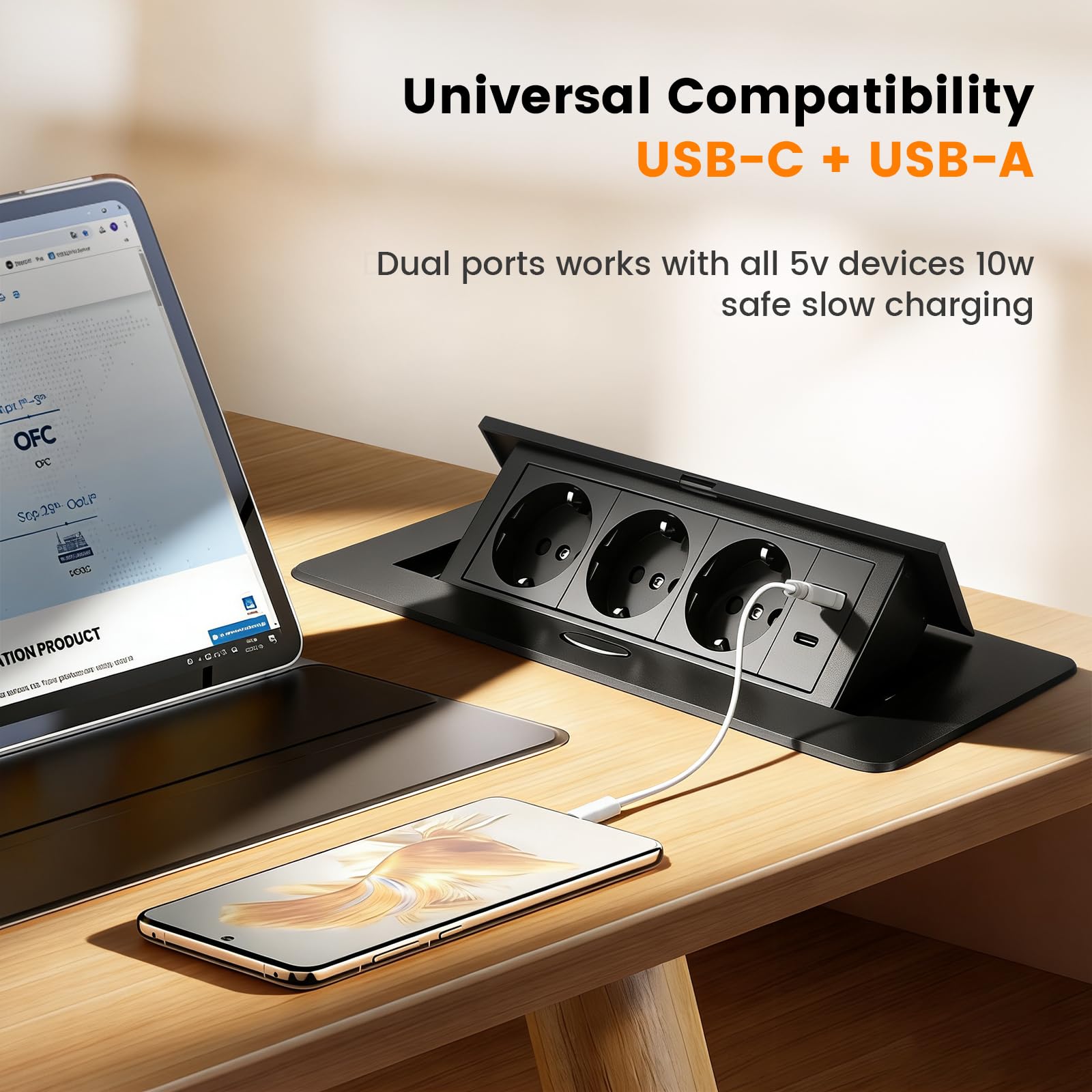 Enchufe para encimera de cocina, mesa de mesa, enchufe retráctil negro con USB, aluminio para escritorio, enchufe de mesa retráctil para sala de conferencias, hogar u oficina, cable de 1,8 m