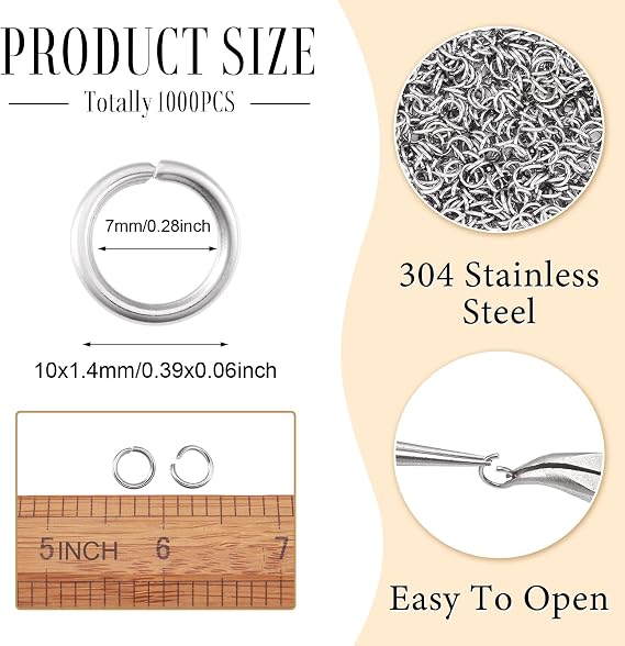 Craftdady 1000Pcs Stainless Steel Open Jump Rings 10mm Round 1.4mm Thick Connector Rings for Jewelry Making