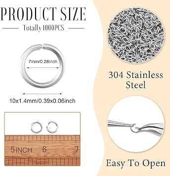 Craftdady 1000Pcs Stainless Steel Open Jump Rings 10mm Round 1.4mm Thick Connector Rings for Jewelry Making