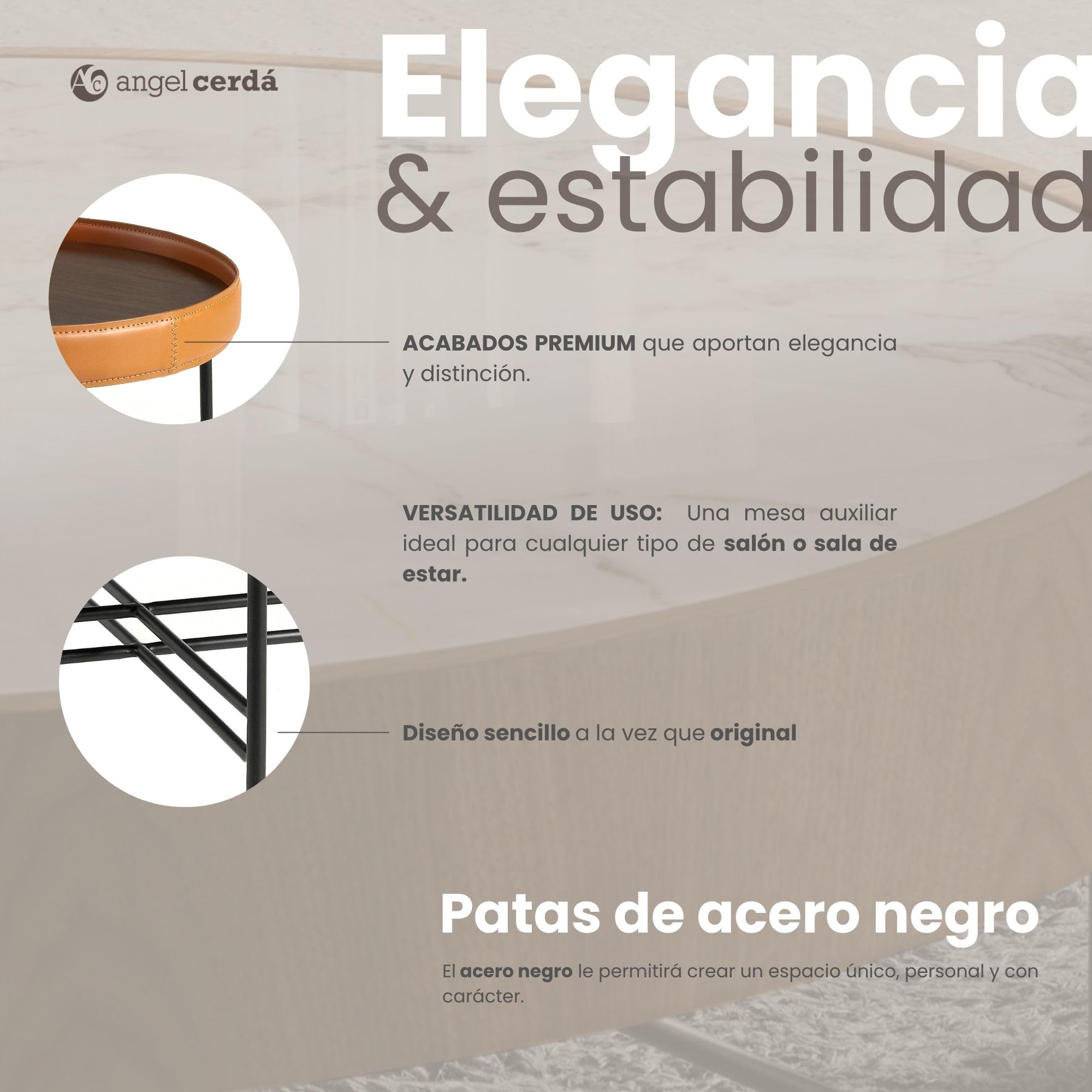 Angel Cerdá – Mesa Centro Diseño Tapa de Piel Vacuno Coñac y Madera de Nogal Natural | Mesa de Centro Redonda Contemporánea, Elegante | Patas de Acero Oscurecido | Ideal para Salón | Ø62 x 35 cm