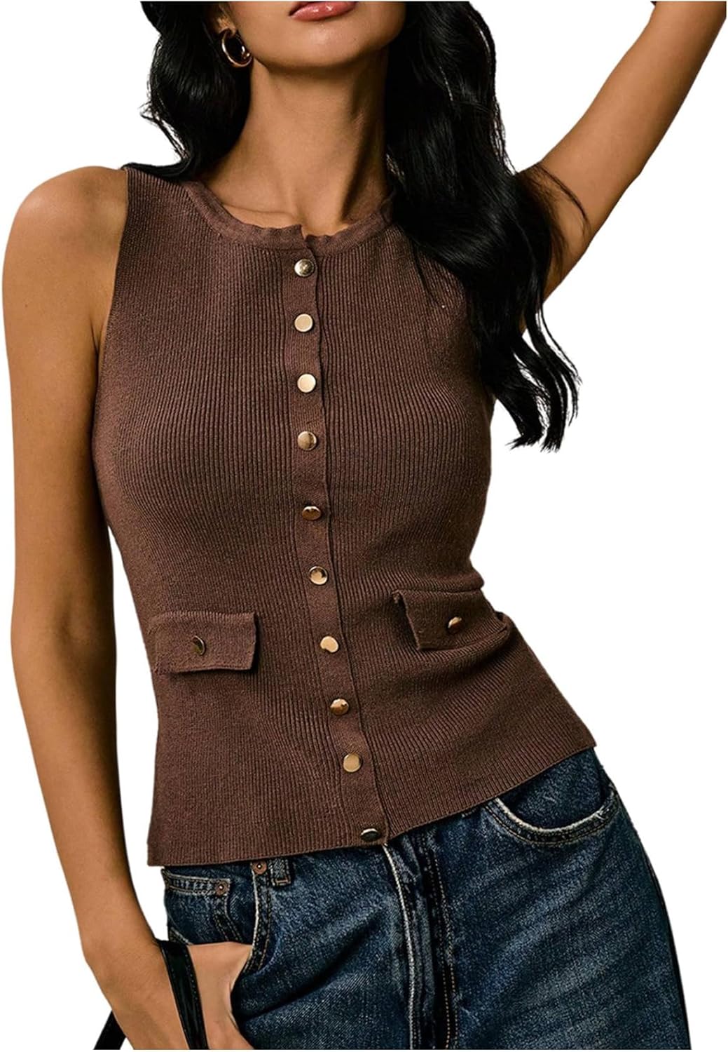 Milumia Women's Button Down Sweater Vest Sleeveless Crewneck Ribbed Knit Tank Tops