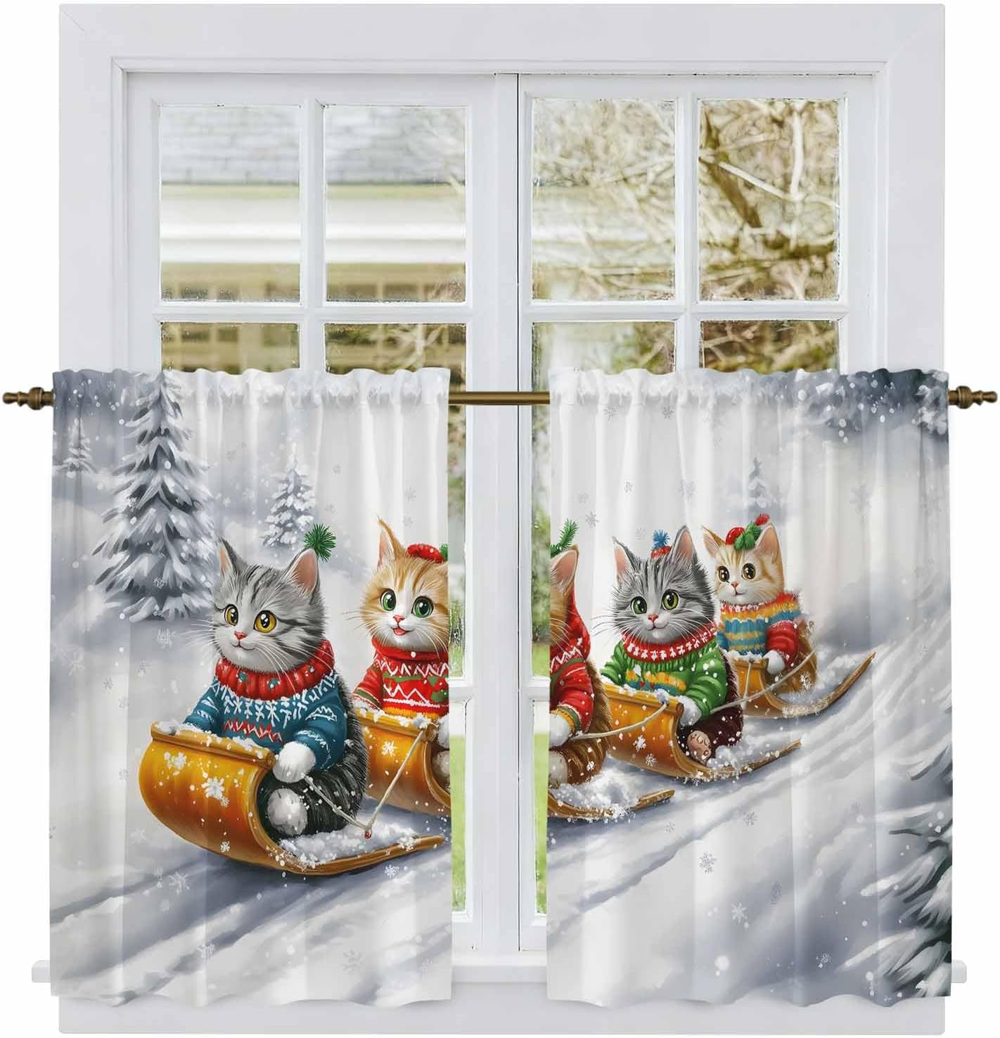Christmas Kitchen Tier Curtains 45 Inch Long 2 Panel Set,Rod Pocket Short Window Treatment,Funny Cats Sleds Skiing Winter Forest Tree Curtains & Drapes for Bathroom Basement 27.5"W x 45"L