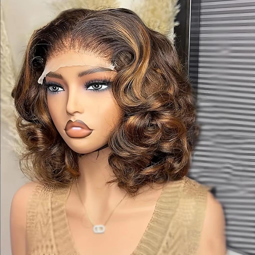 Haarpflege Highlight Brown Body Wave Bob Lace Front Perücke 16 Zoll 180 Dichte Vorgezupft Ohne Kleber Mit Baby