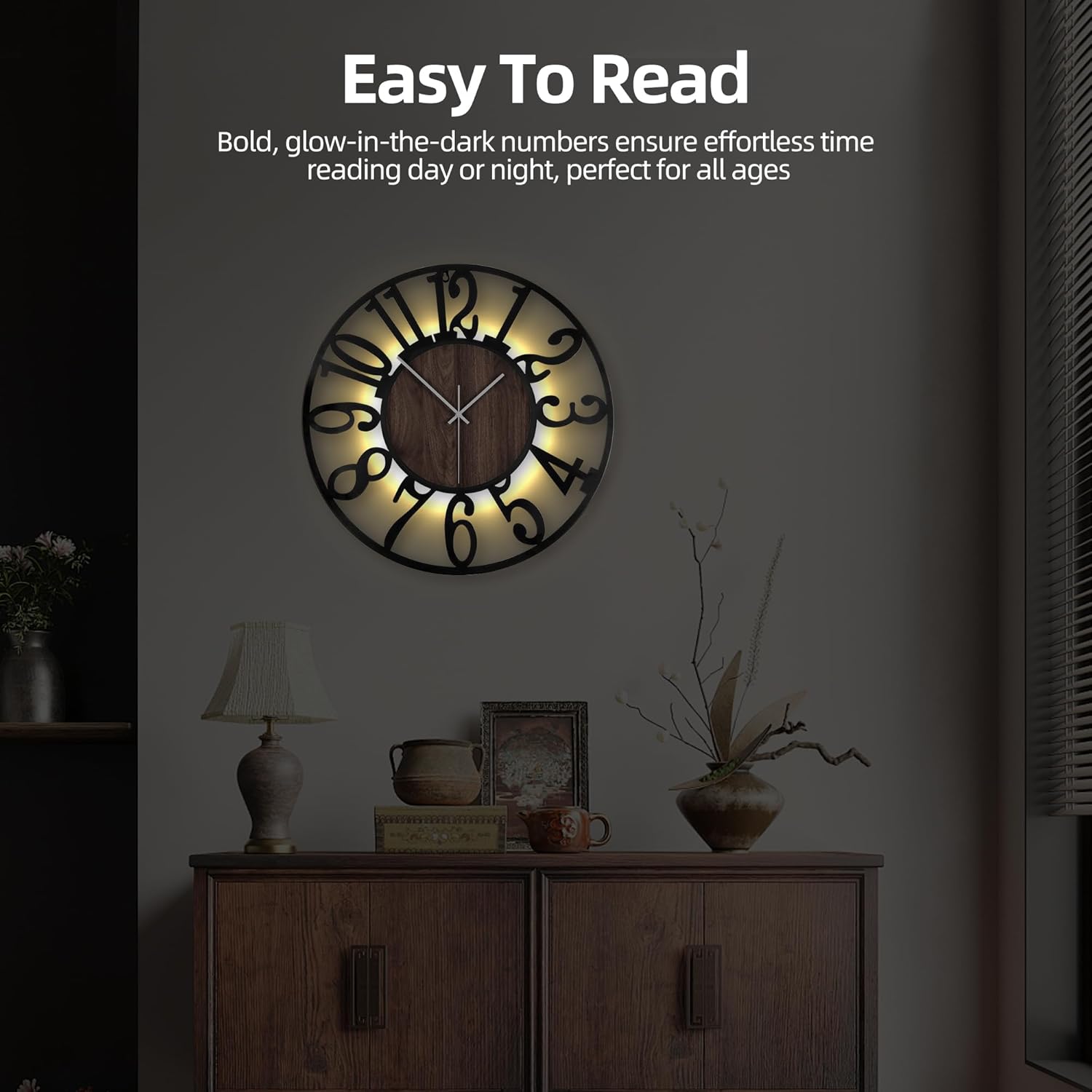 20 Inch Large Metal Wall Clock with Voice and Light Sensor Night Light, Glow in The Dark Non-Ticking Silent Battery Operated Decorative Oversized Wall Clock for Bedroom Living Room Decor