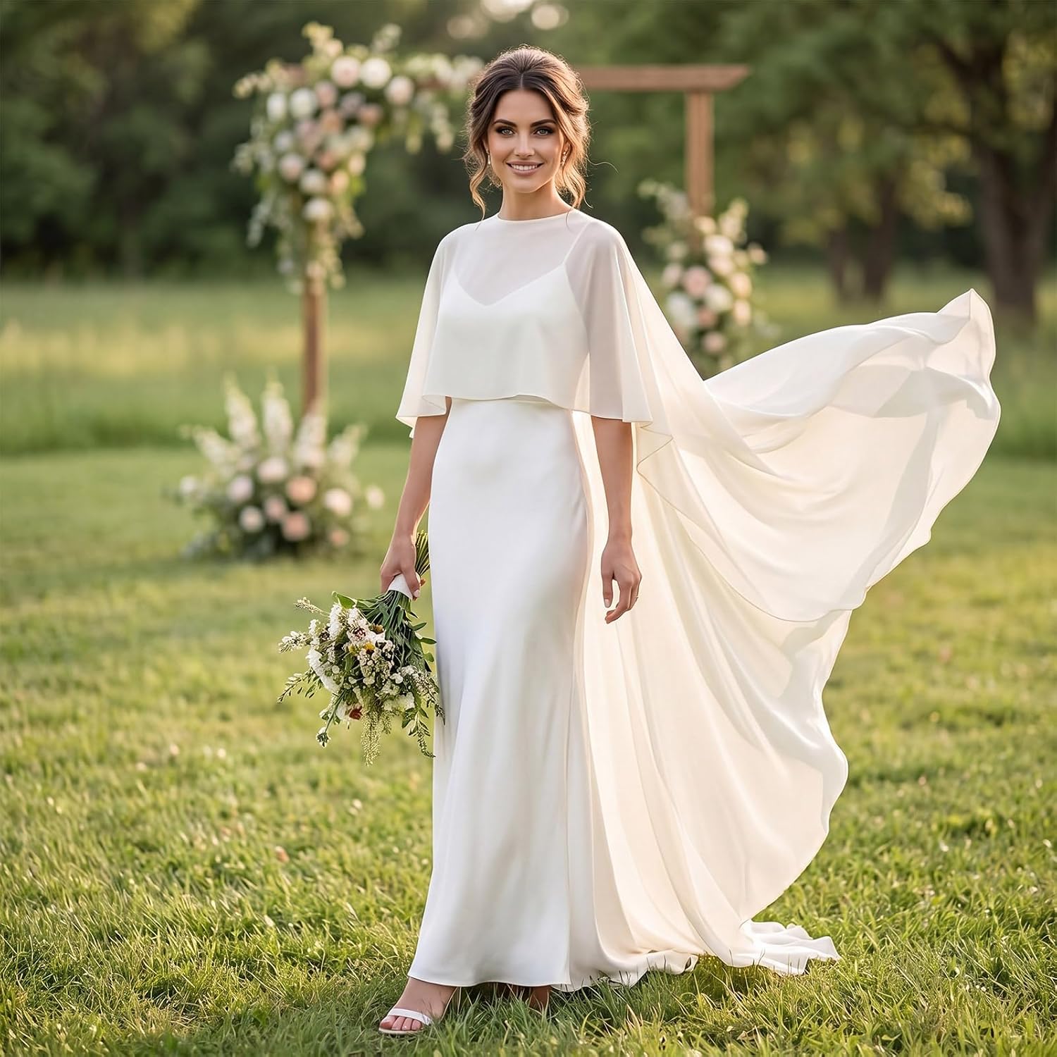 Women High Low Chiffon Cape Sheer Shawl Wedding Bridal Shawl Cape Evening Dress Capelets for Women