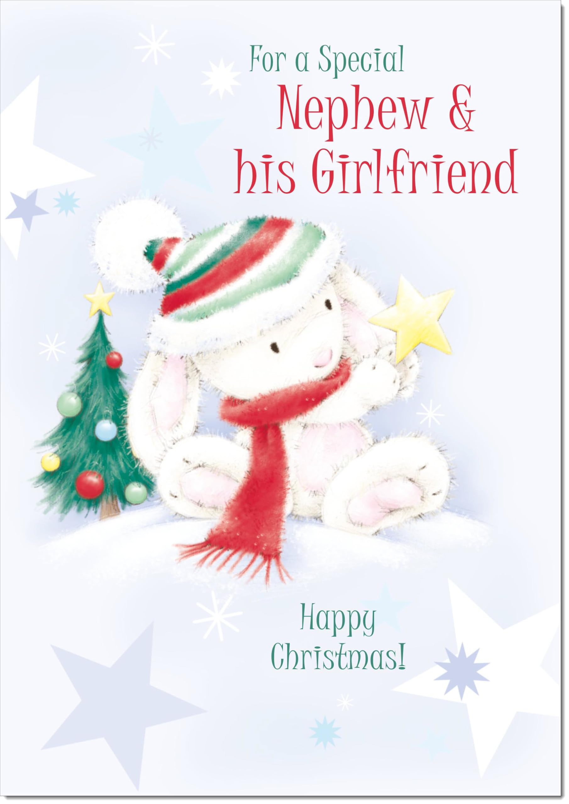 doodlecards Nephew and Girlfriend Christmas Card Cute Rabbit with Star Large A4 Size Christmas Card for Nephew & Girlfriend with Plain Envelope โ image 1