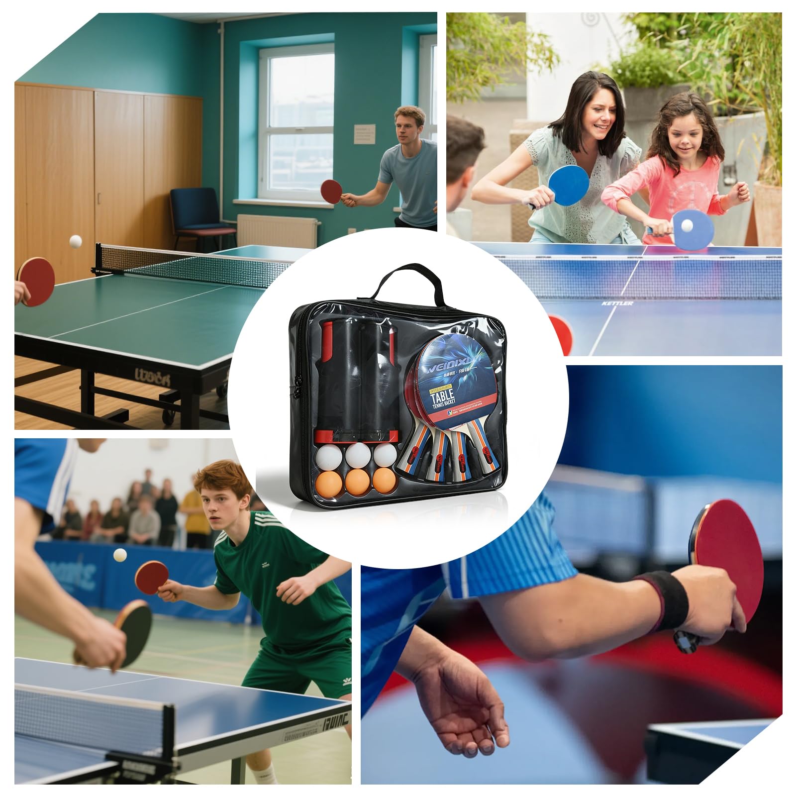 Set De Tennis De Table: 4 Raquettes De Tennis De Table + 1 Filet Rétractable + 10 Balles De Tennis De Table + 1 Sac De Transport, Set De Raquettes De Ping-Pong pour Loisir, Entraînement, Amateurs