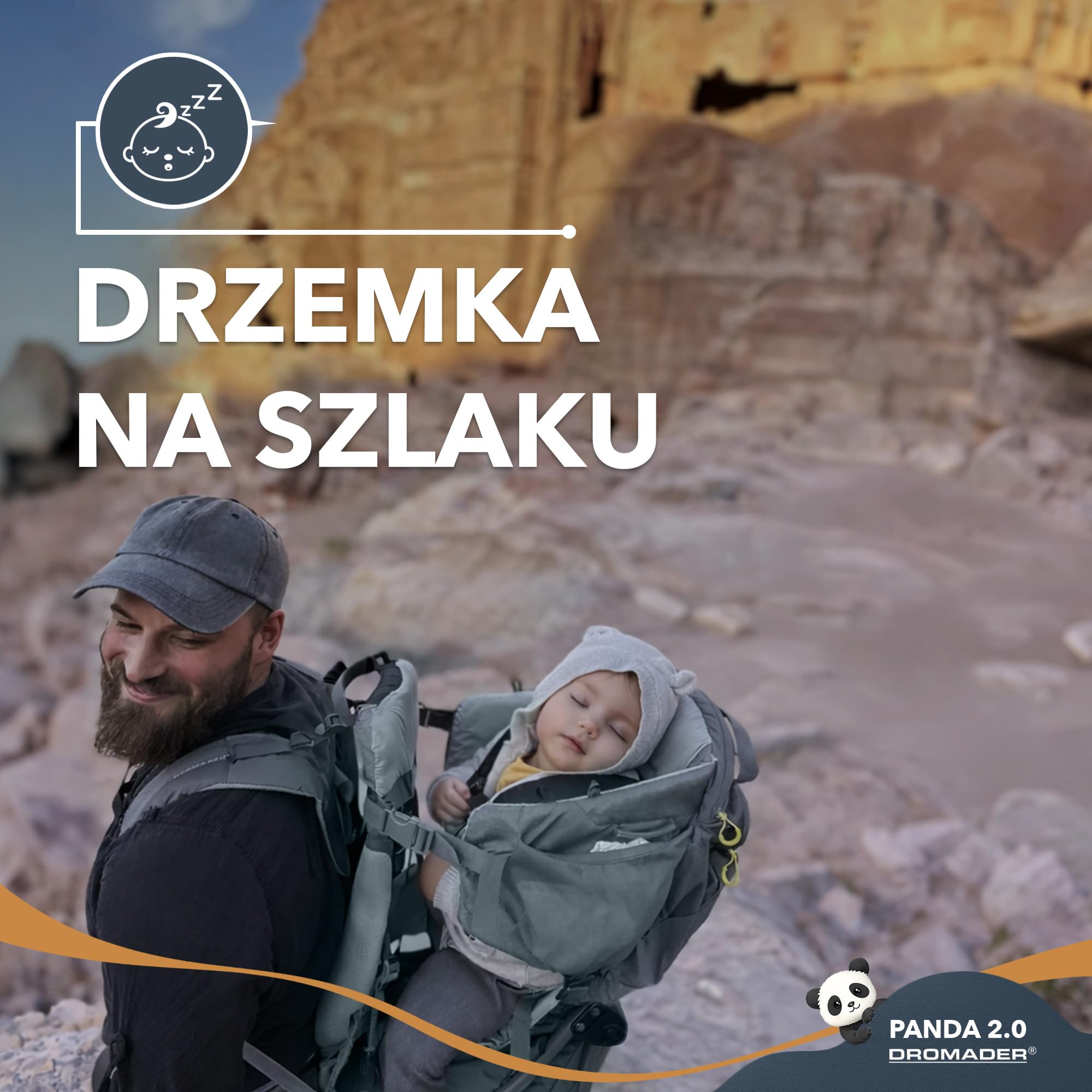 Dromader Nosidełko Turystyczne dla dzieci do 18kg - Regulowane Siedzisko z Poduszką do Spania - Chowany Daszek Przeciwsłoneczny - System Nośny Odciążający Kręgosłup - Kieszeń Termiczna – Panda Olive