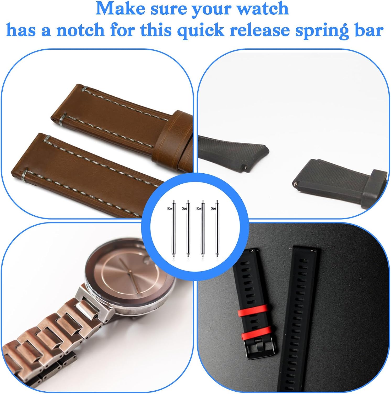 4Pcs Quick Release Spring Bars, Stainless Steel Pins for 22mm Watch Band, Watch Pins Replacement Kit for Watches Band Repairing