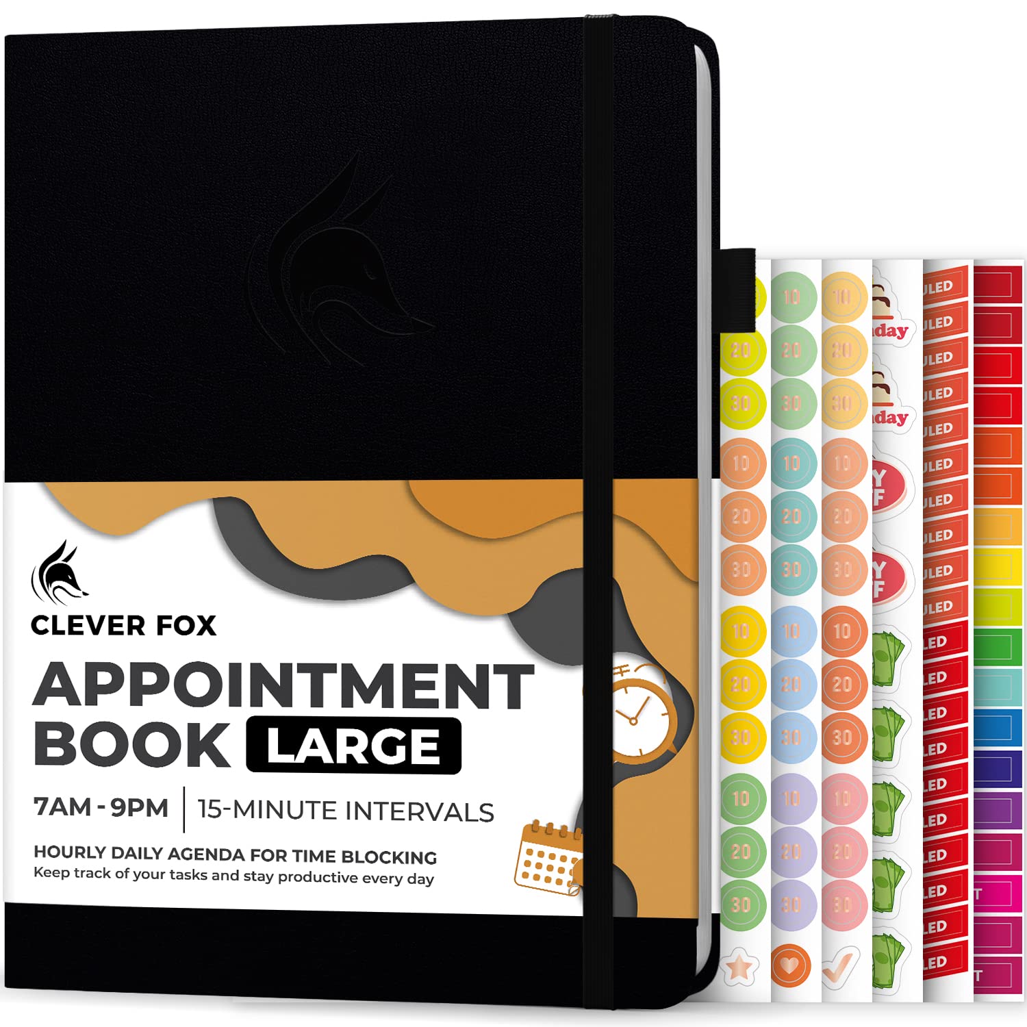 Clever Fox Appointment Book – Hourly Schedule Planner with 15-Minute Increments – Time Box Planner for Daily Work & To-Dos – Weekly & Monthly Spreads, Undated, Hardcover, 8.3x11″ (Black)