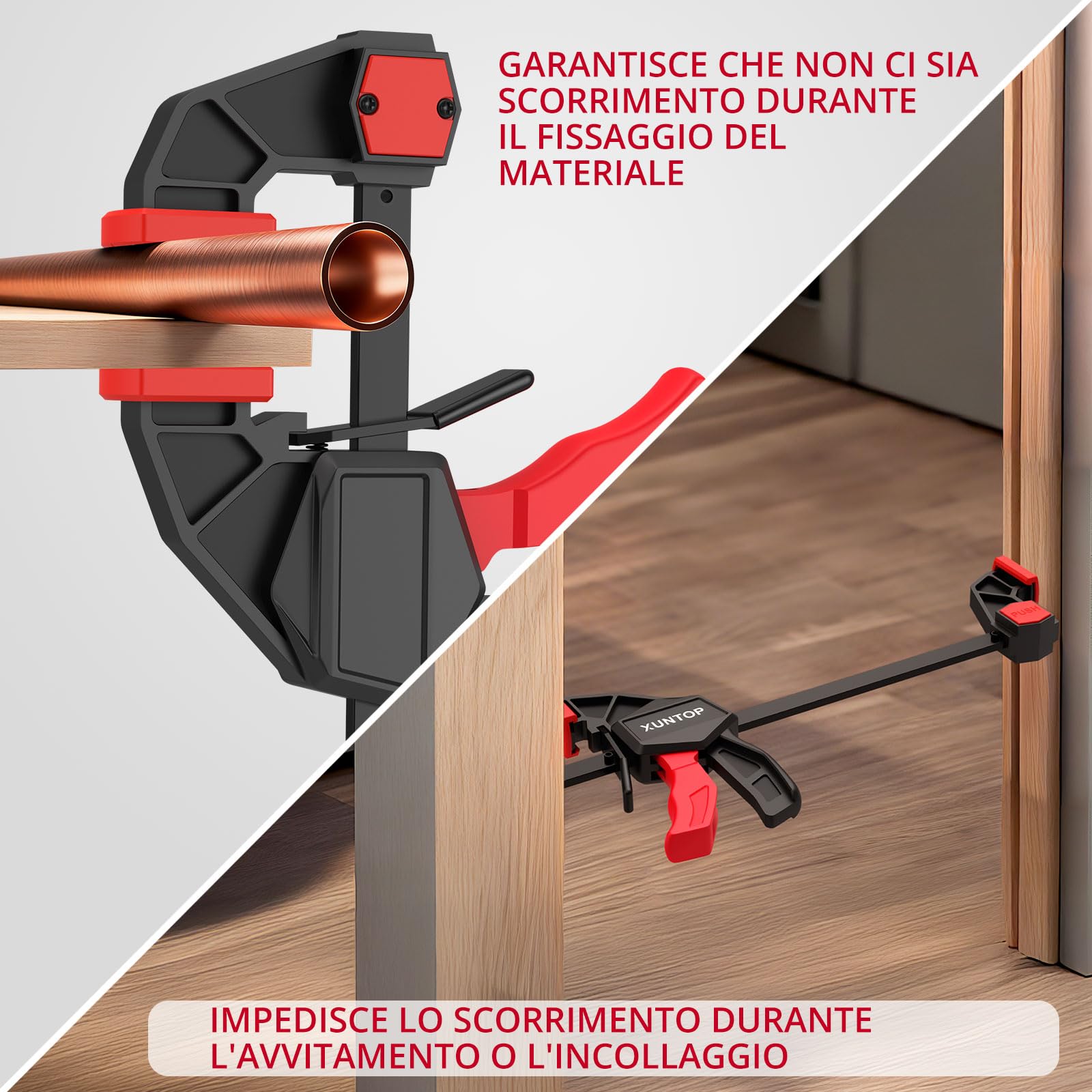 XUNTOP Morsetti da Falegname Set di 4 pz Morsetti a C Rapidi da 6" (150mm) Morsetti a Barra Forza di Serraggio 600N/60kg Funzione Sdoppiatore con Pulsante Cambio Rapido per Lavori di Falegnameria