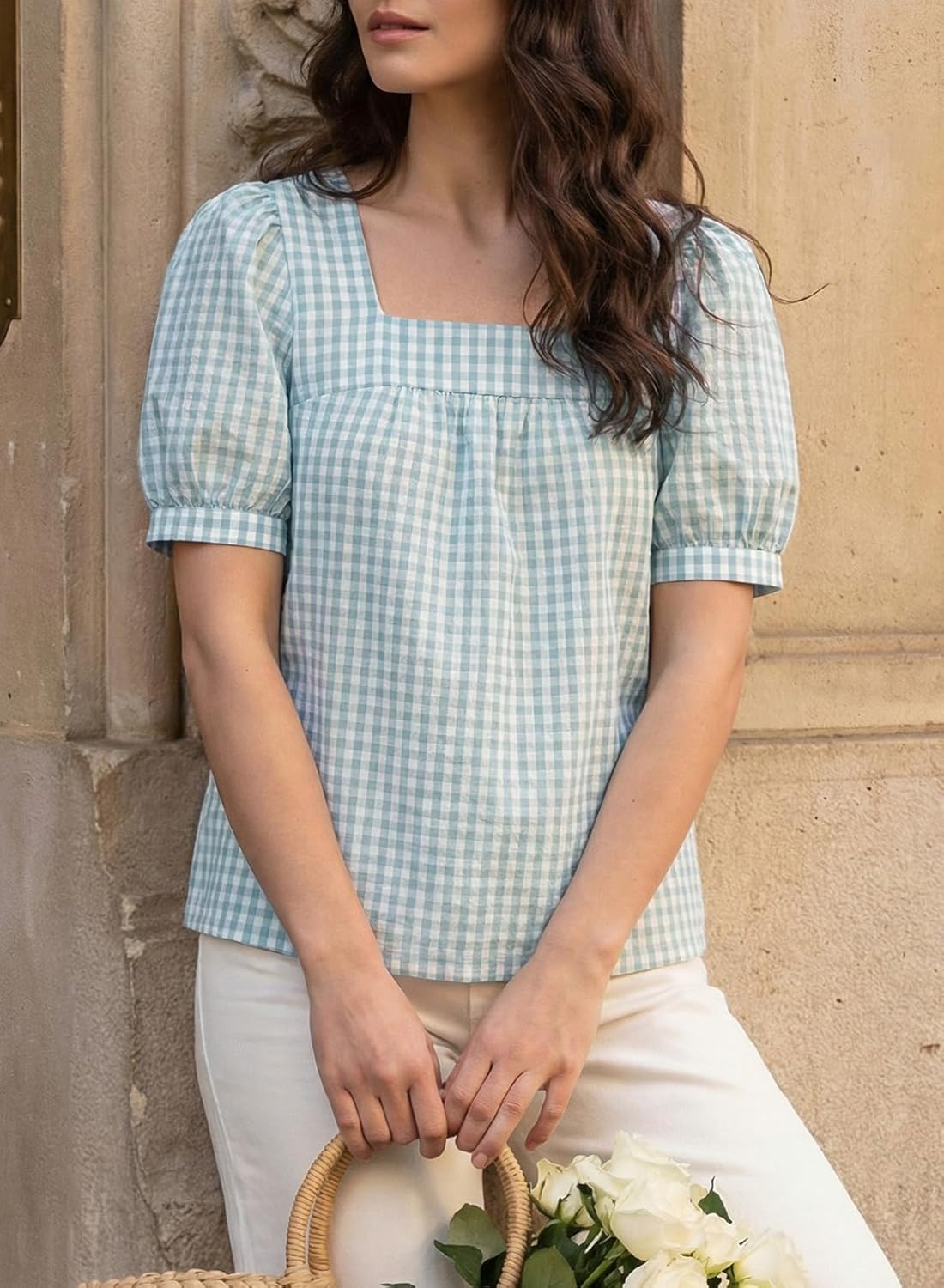 EVALESS Tops for Women Short Sleeve Tunic Blouse Square Neck Gingham Tops Cotton Blend Plaid Shirt Cute Checkered Shirt - Image 5