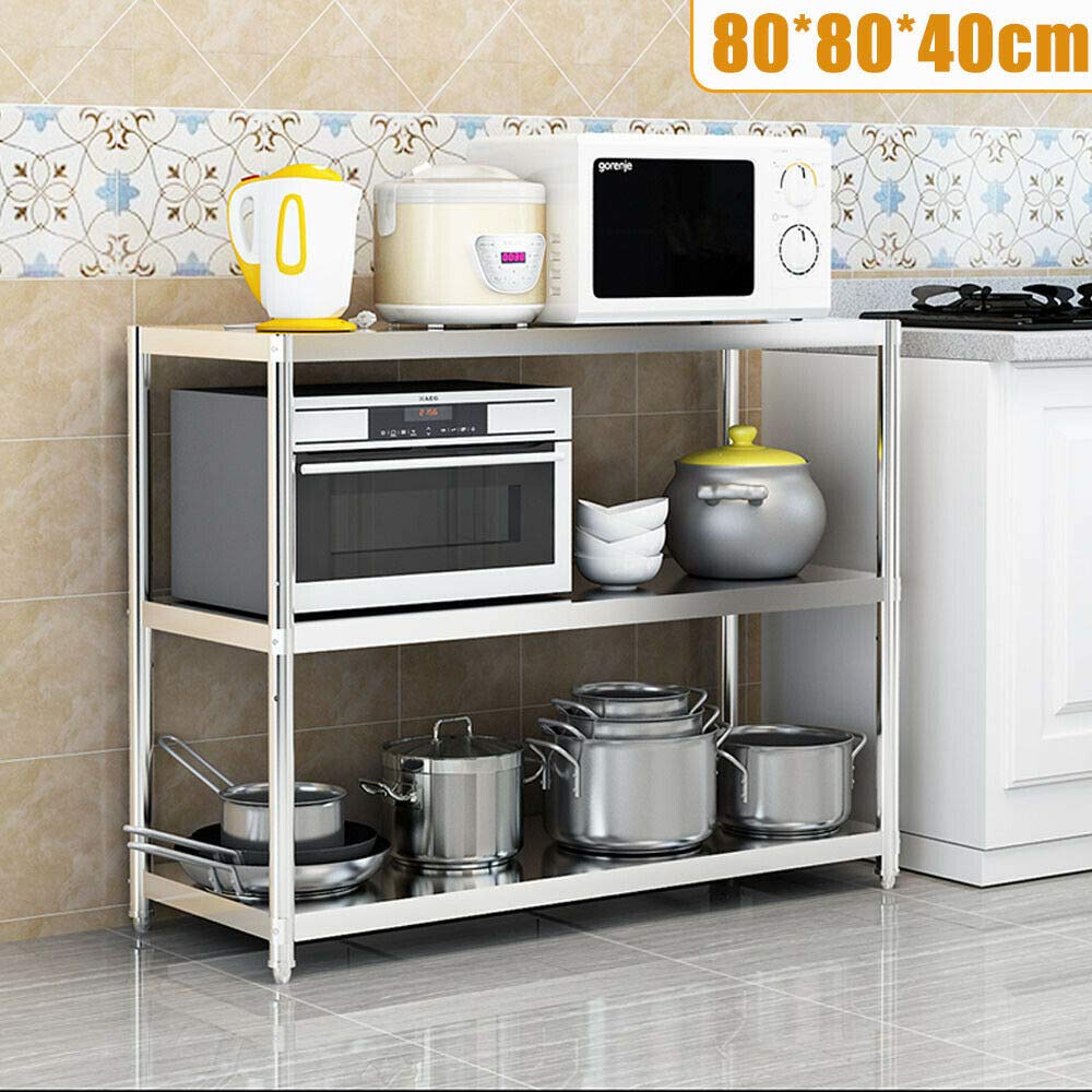 Tavolo da lavoro in acciaio inox commerciale con 3 ripiani, 80 x 40 cm, robusto tavolo da lavoro da cucina per garage, casa, argento