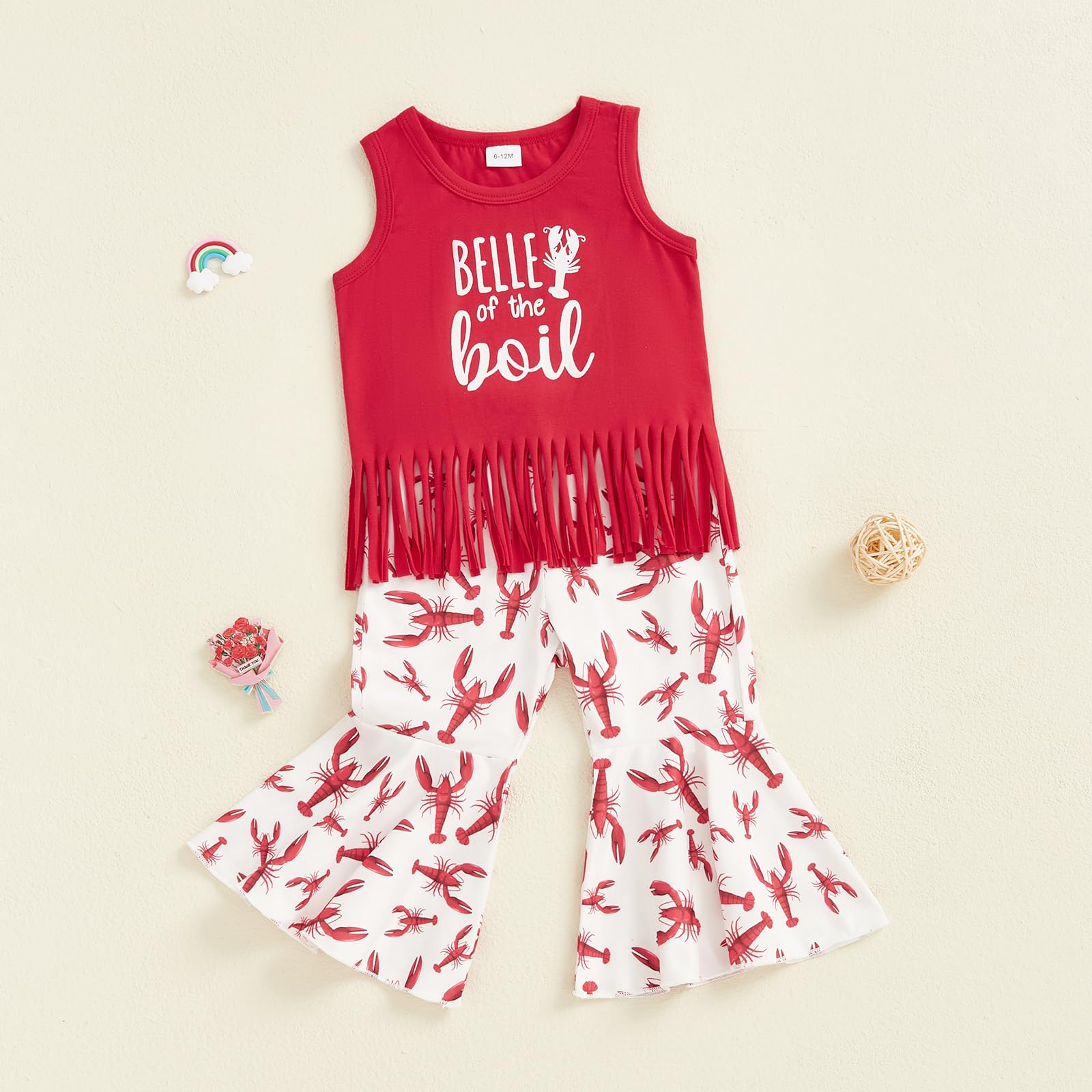 Lenjindjer Toddler Baby Girl Summer Outfit Sleeveless Tassel Tank Top Crawfish Print Flare Pants 2pcs Crawfish Season Clothes (Red, 18-24 Months)