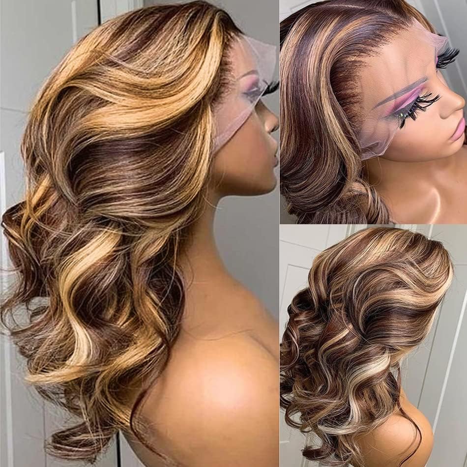 200% Density 360 Lace Front Wigs Human Hair Pre Plucked Honey Blonde Body Wave Lace Front Wigs with Baby Hair Full 360 Glueless HD Transparent Lace Front Human Hair Wigs for women 4/27 Human Hair Wig
