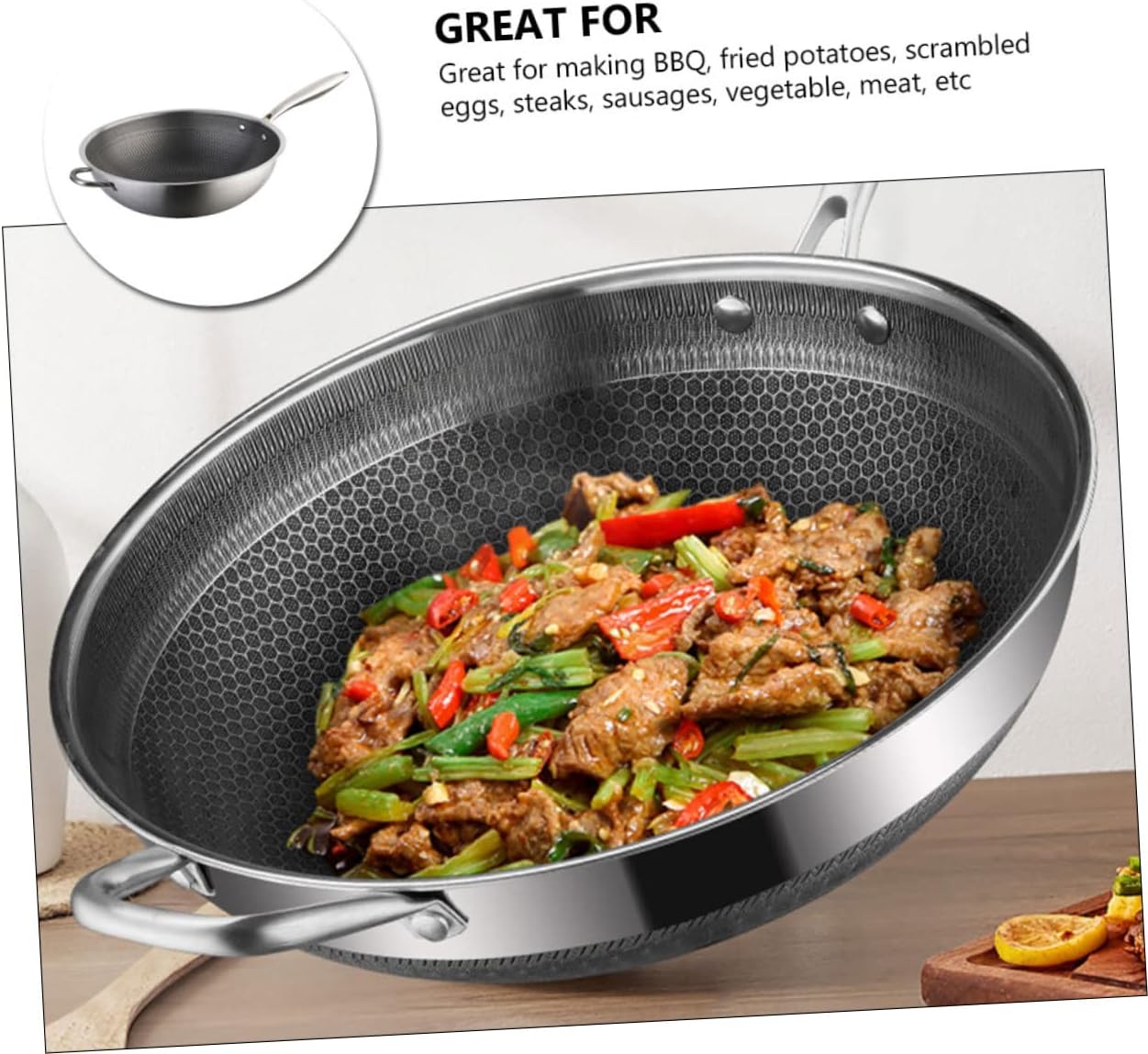 PRETYZOOM Stainless Steel Honeycomb Wok Non-stick Frying Pan for Gas Stove Kitchen Cookware Double Handles for Electric Induction Cooktops