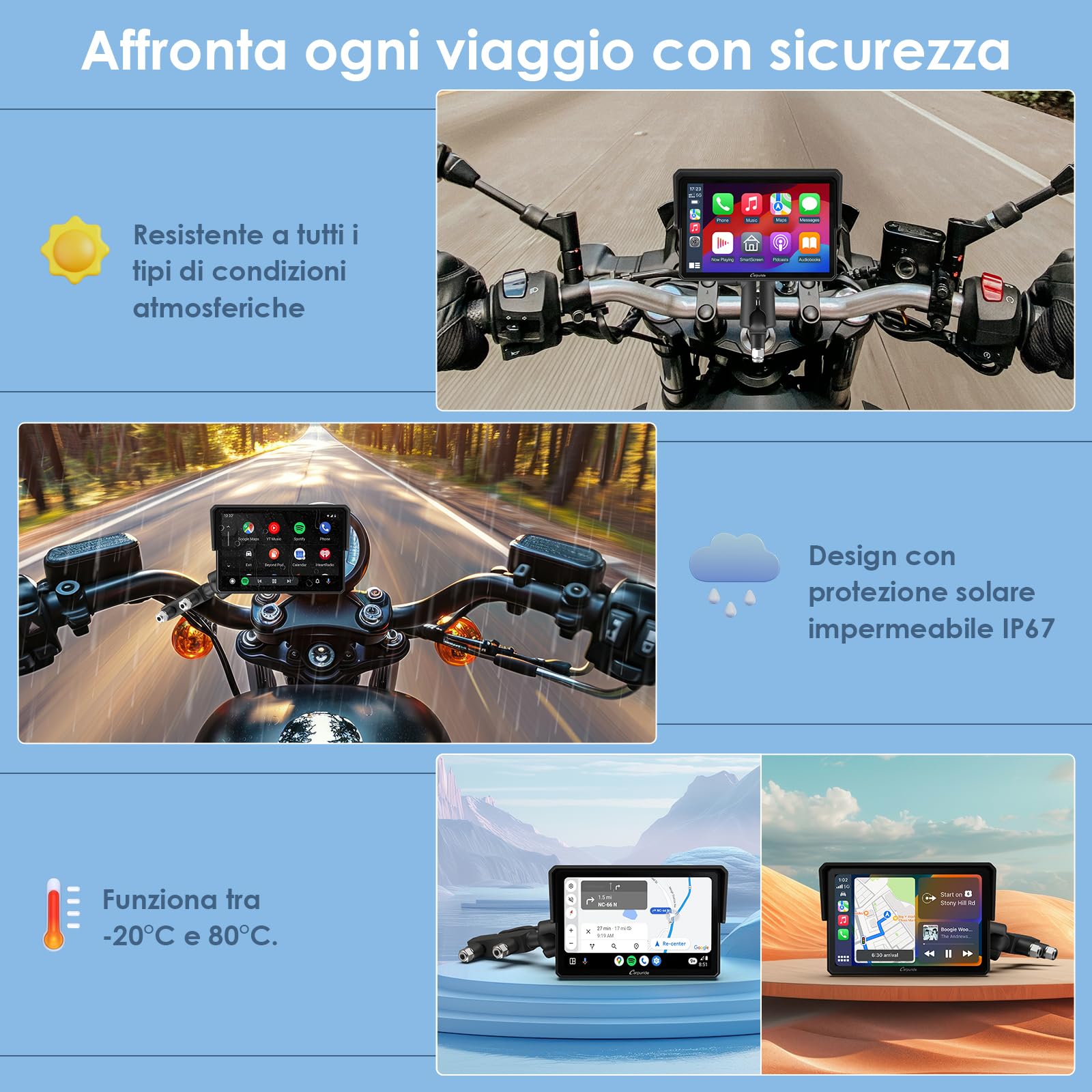Carpuride W502 Carplay per Moto e Android Auto, Stereo Portatile per Auto Impermeabile IP67, Touchscreen IPS da 5 pollici, Navigazione/Siri per moto