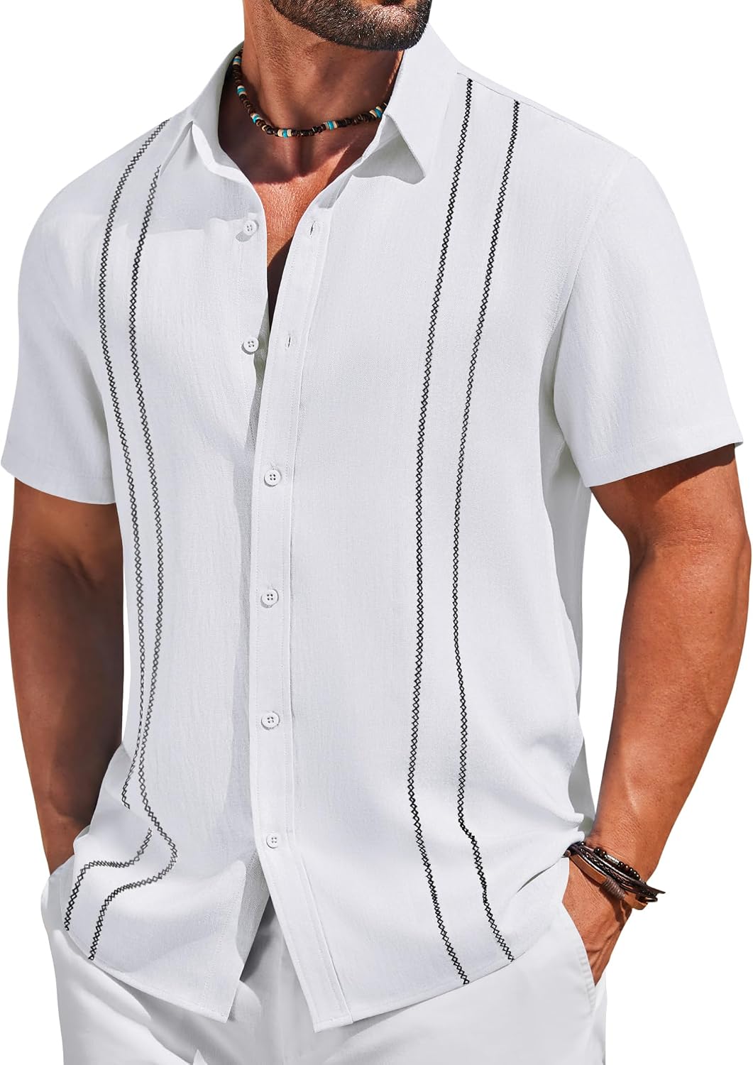 COOFANDY Men's Cuban Guayabera Shirts Button Down Short Sleeve Shirt Casual Linen Summer Beach Shirts