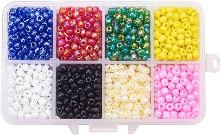 Pandahall About 1900Pcs 6/0 Glass Seed Beads 4mm 8 Colors Round Loose Spacer Beads Mixed Colors for Bracelet Necklace Jewelry Making