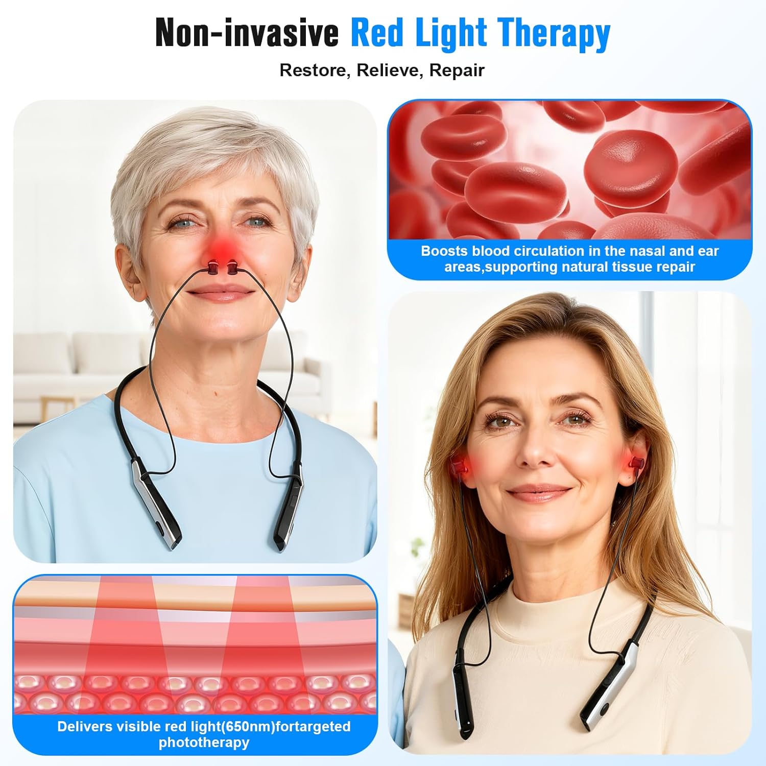 2-in-1 Red Light Therapy Device for Ears & Nose,Rechargeable 650nm LED Hands-Free Neck Design with Auto Shut-Off for Ear Comfort,Sinus Support& Daily Relaxation - Image 3