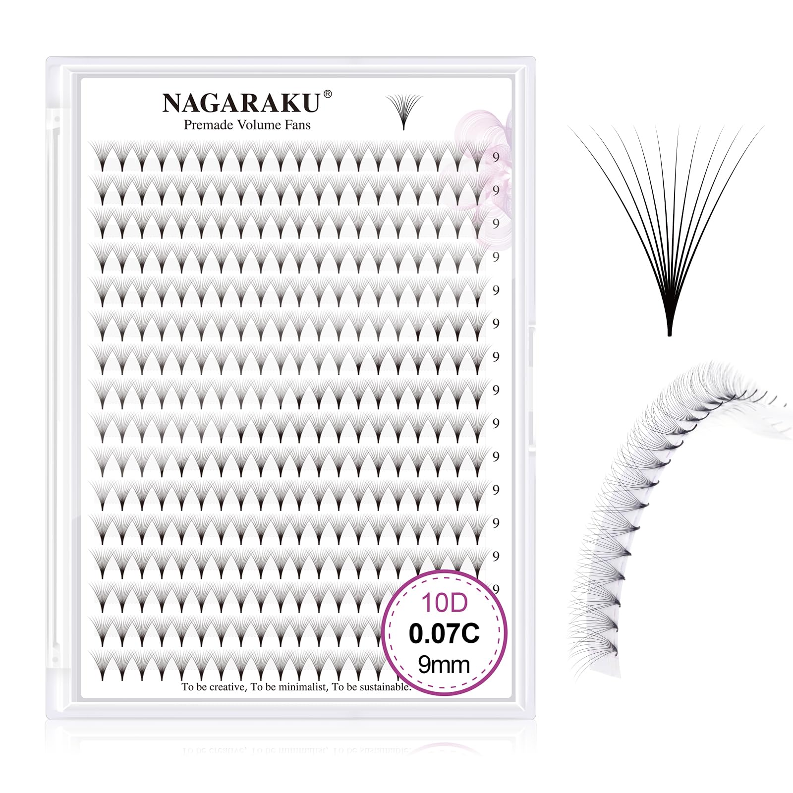 NAGARAKU Premade Fans Eyelash Extensions 320 Fans 10D Volume 0.07mm C curl 9mm Sharp Narrow Stem Clusters Thin Pointy Base Russian Pre Fanned Fluffy